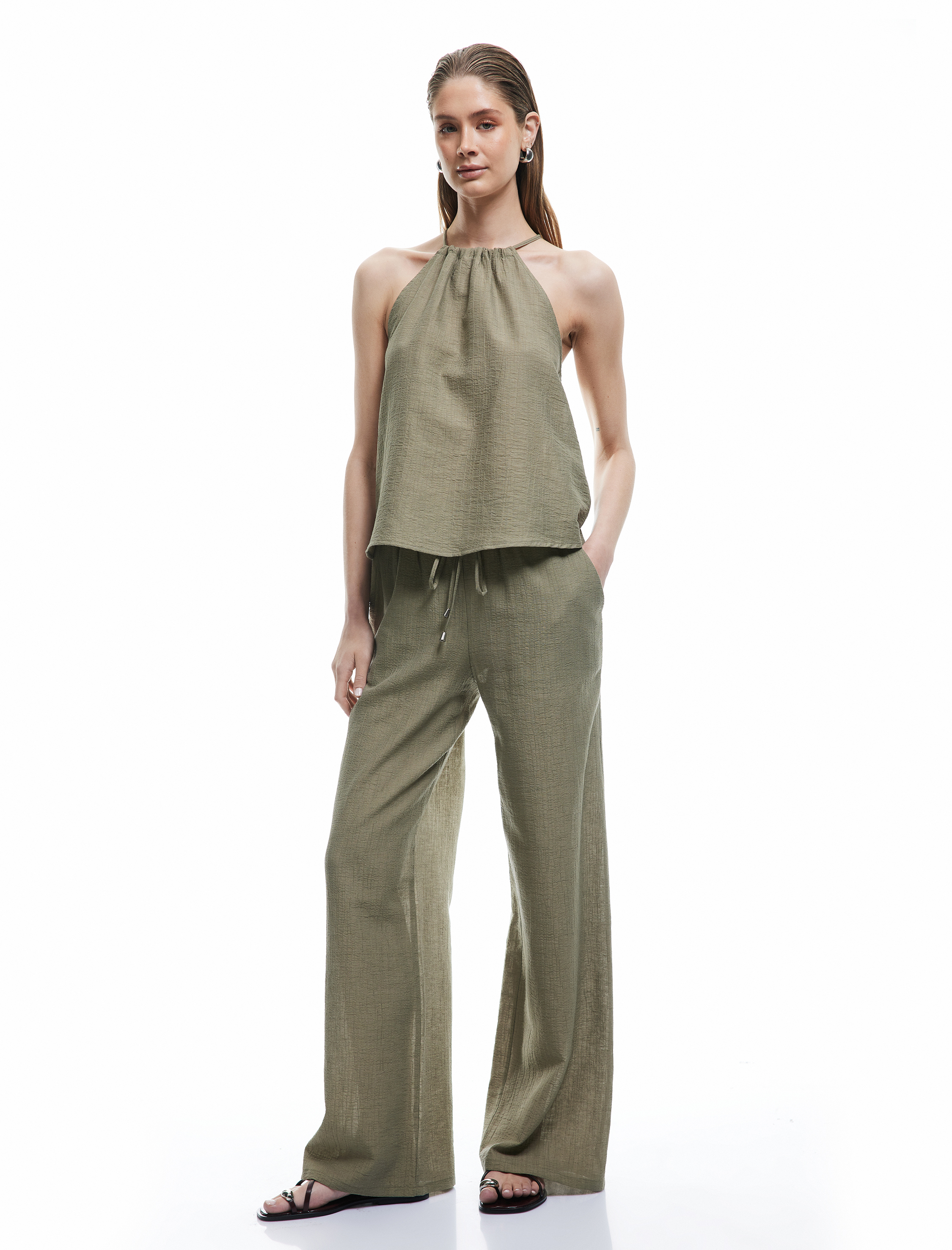 Koton X Sima Tarkan - Dökümlü Keten Karışımlı Bol Paça Müslin Pantolon