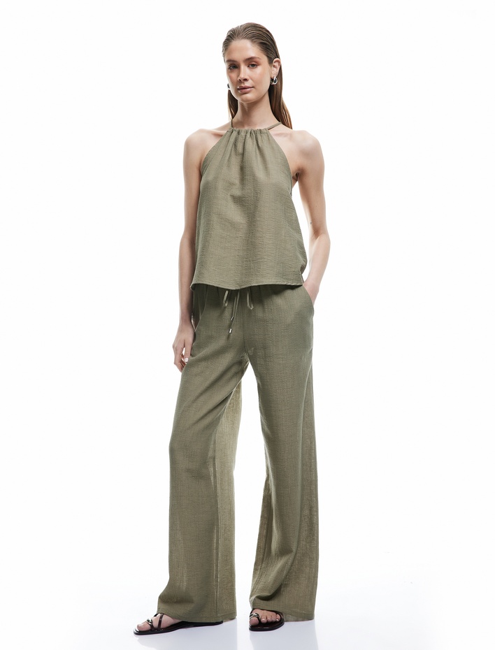  Koton X Sima Tarkan - Dökümlü Keten Karışımlı Bol Paça Müslin Pantolon