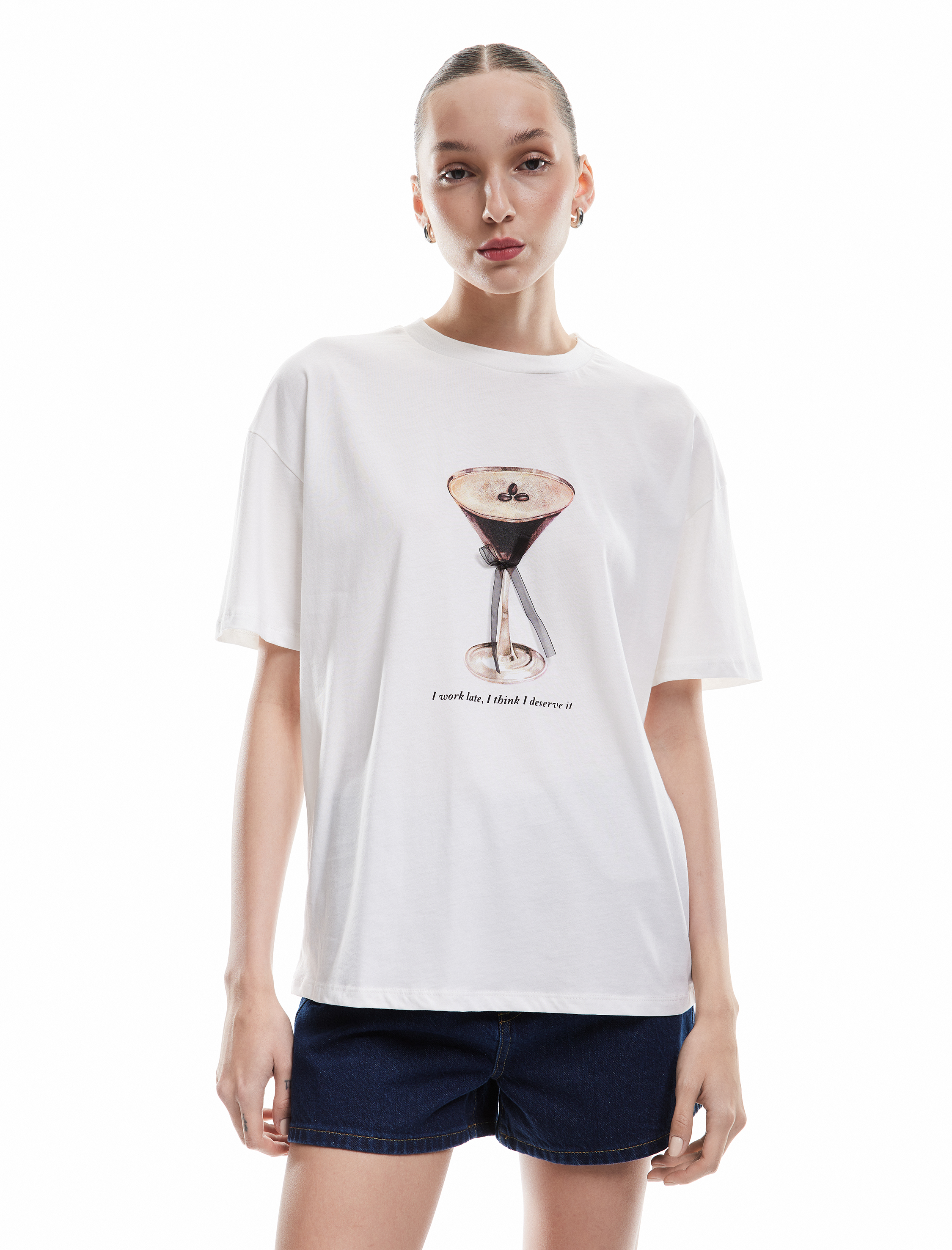 Bisiklet Yaka Fiyonklu Baskılı Kısa Kollu Pamuklu Oversize Tişört