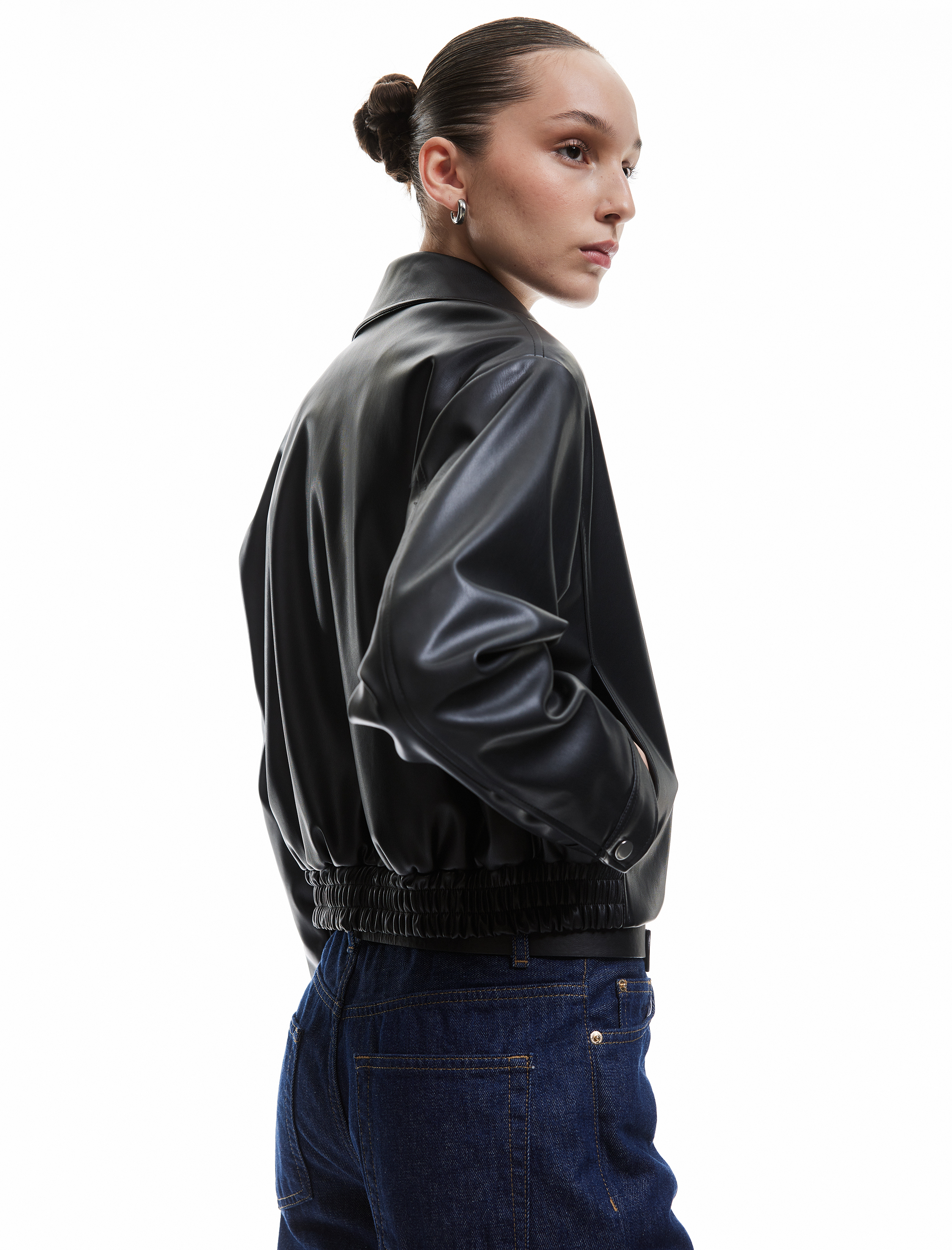   Gömlek Yaka Suni Deri Fermuarlı Cepli Bomber Ceket