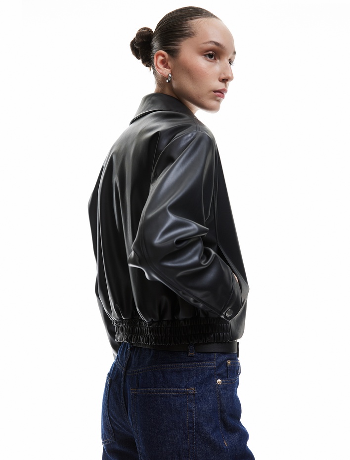  Gömlek Yaka Suni Deri Fermuarlı Cepli Bomber Ceket