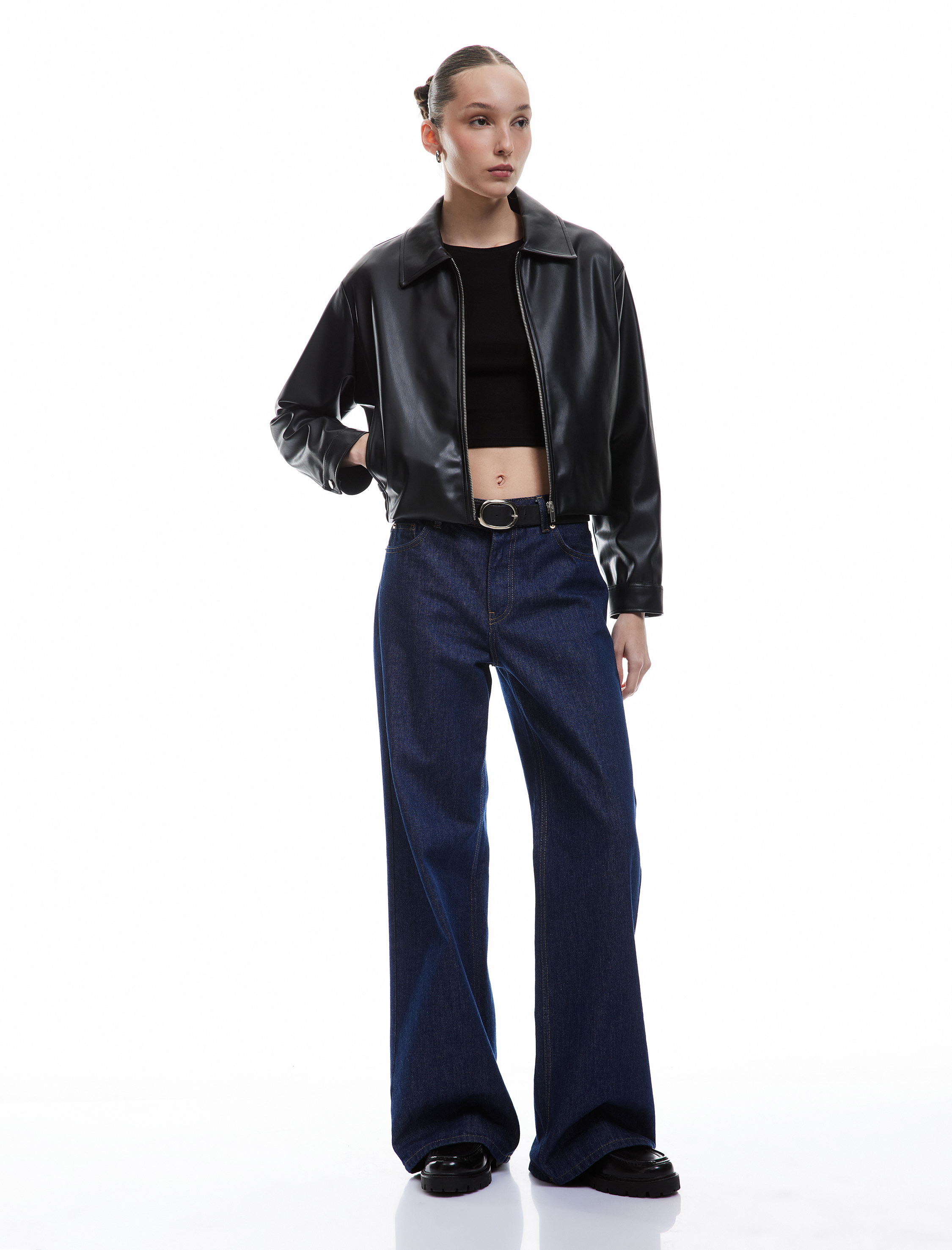   Gömlek Yaka Suni Deri Fermuarlı Cepli Bomber Ceket