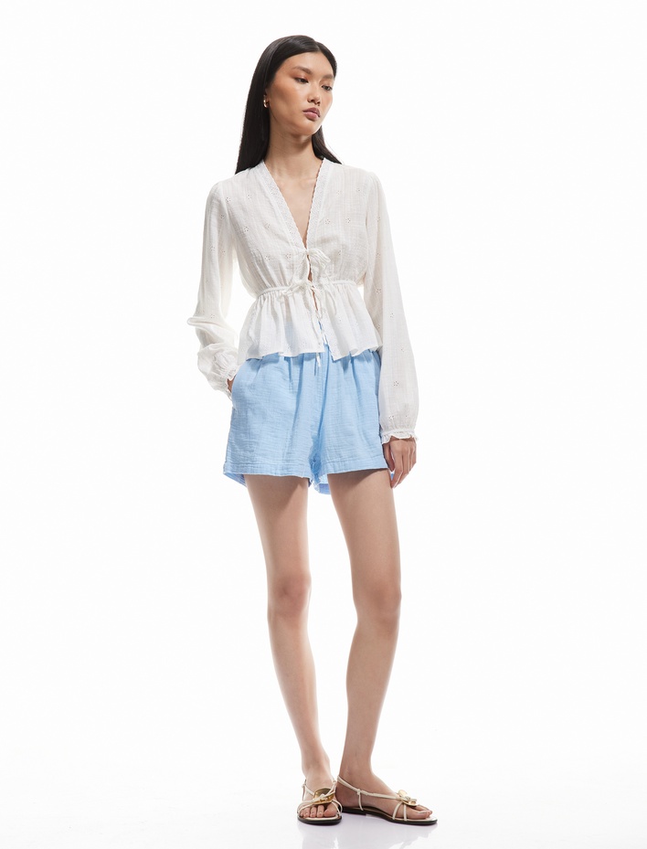  Lastikli Yüksek Bel Cepli Pamuklu Mini Müslin Şort