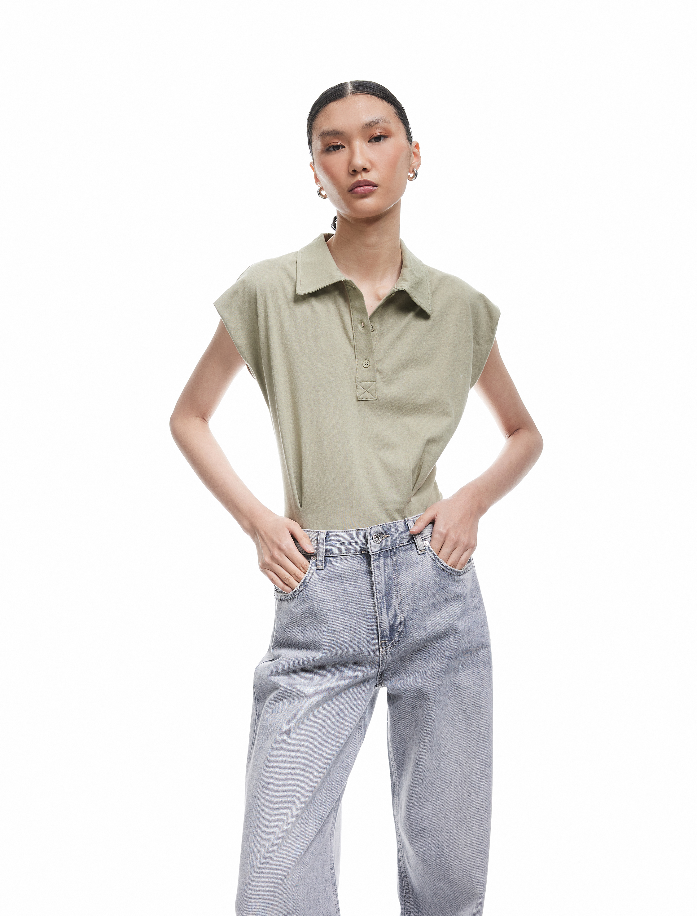   Pamuklu Düğmeli Kolsuz Crop Polo Yaka Tişört