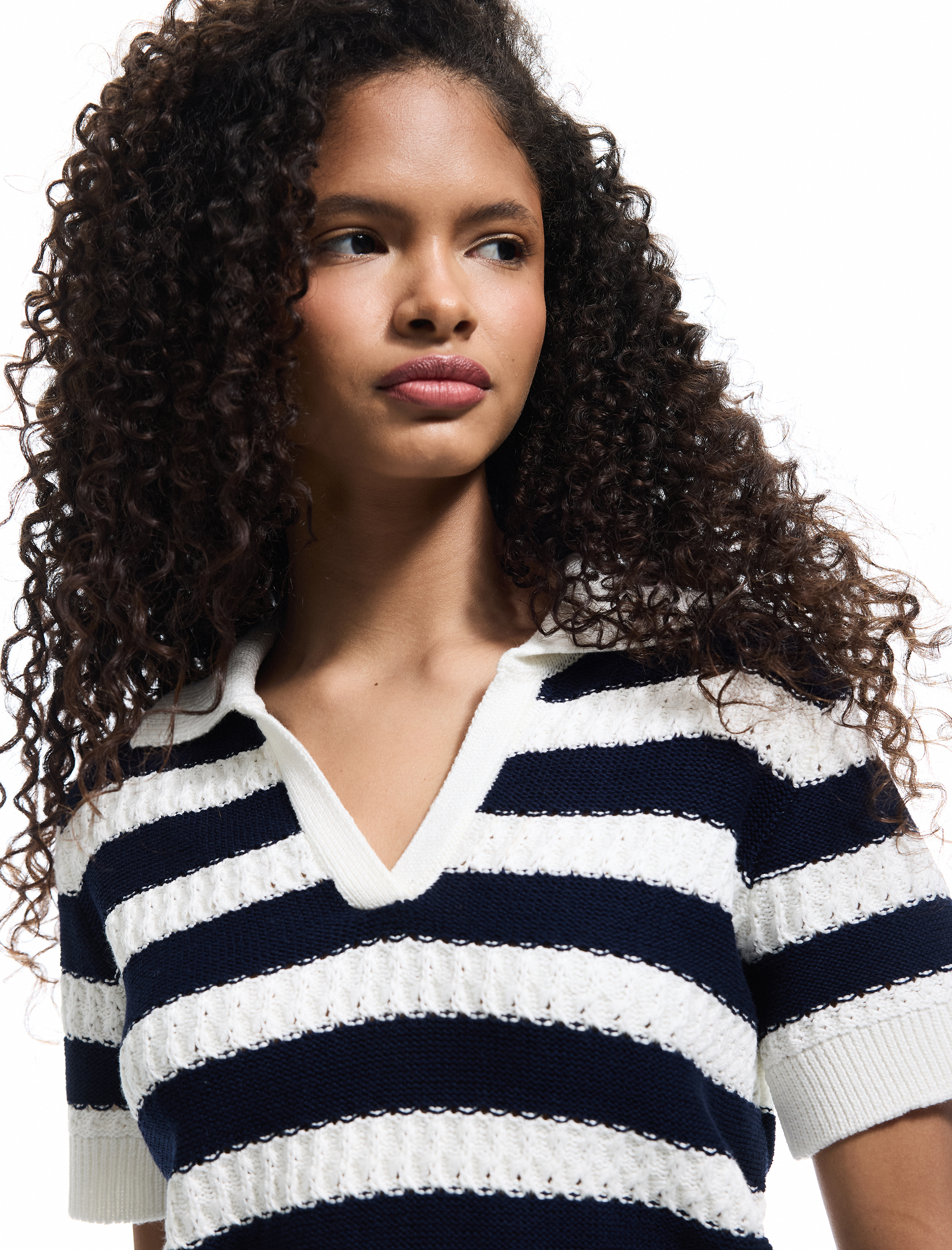   Çizgili Polo Yaka Kısa Kollu Triko Kazak