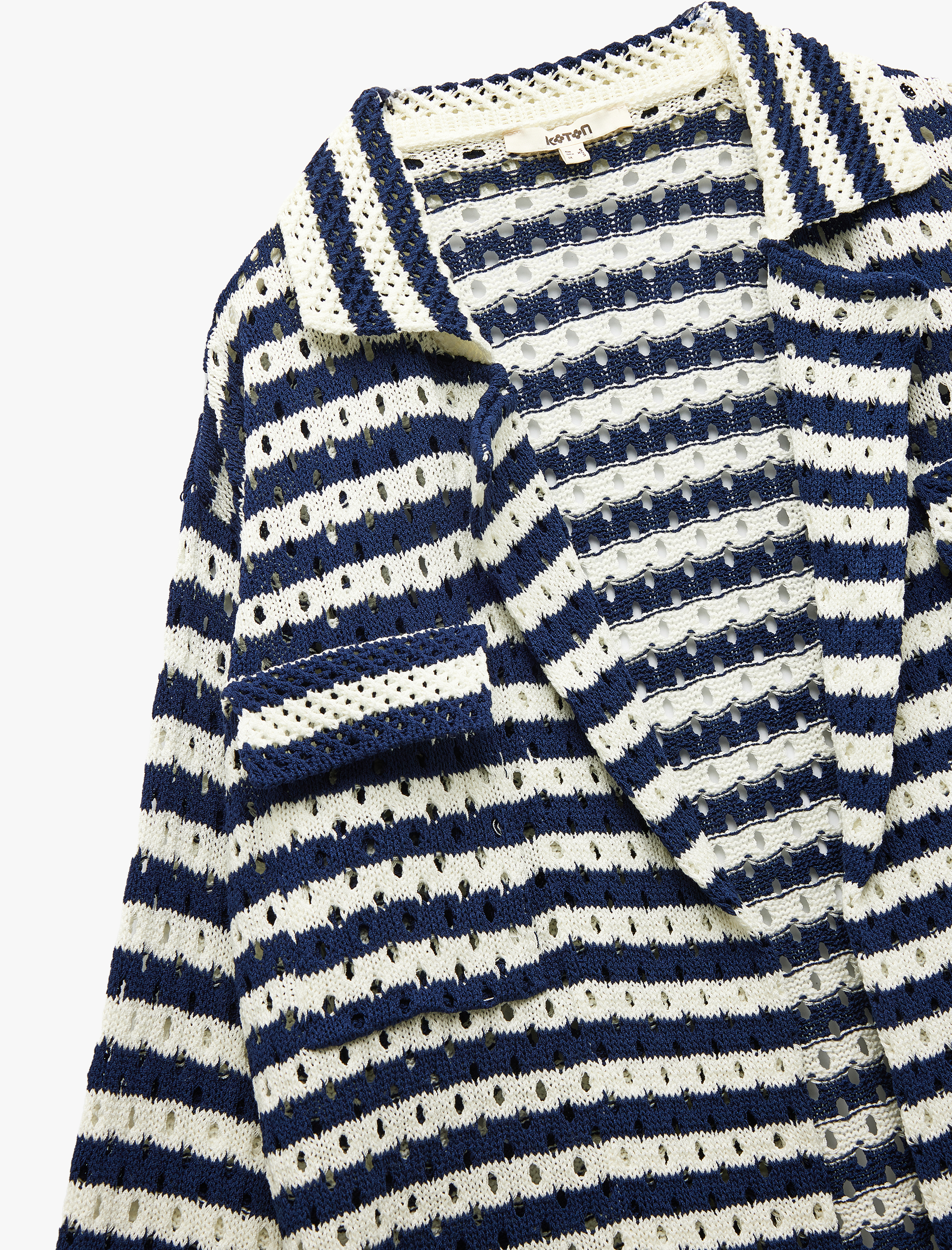   Cep Detaylı Uzun Kollu Ajurlu Çizgili Oversize Kroşe Ceket