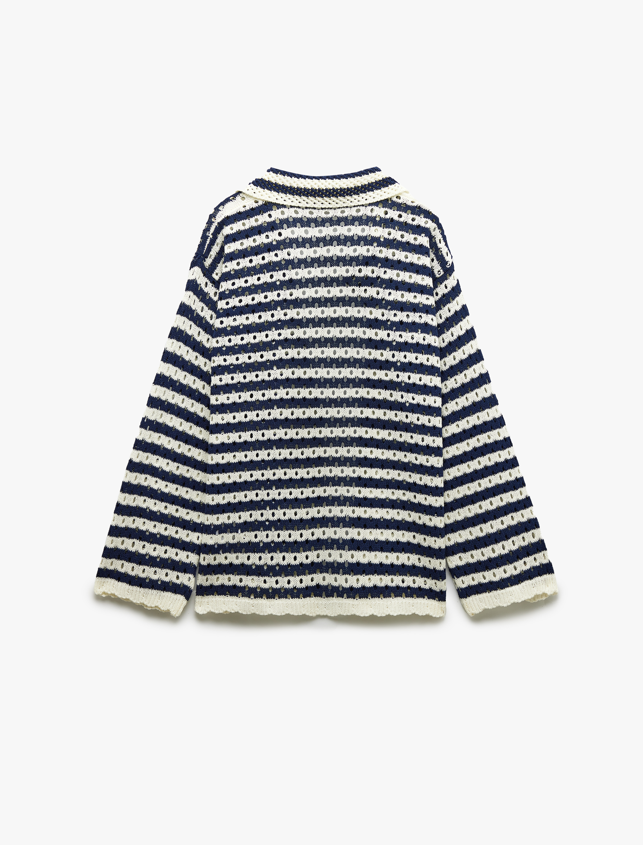   Cep Detaylı Uzun Kollu Ajurlu Çizgili Oversize Kroşe Ceket