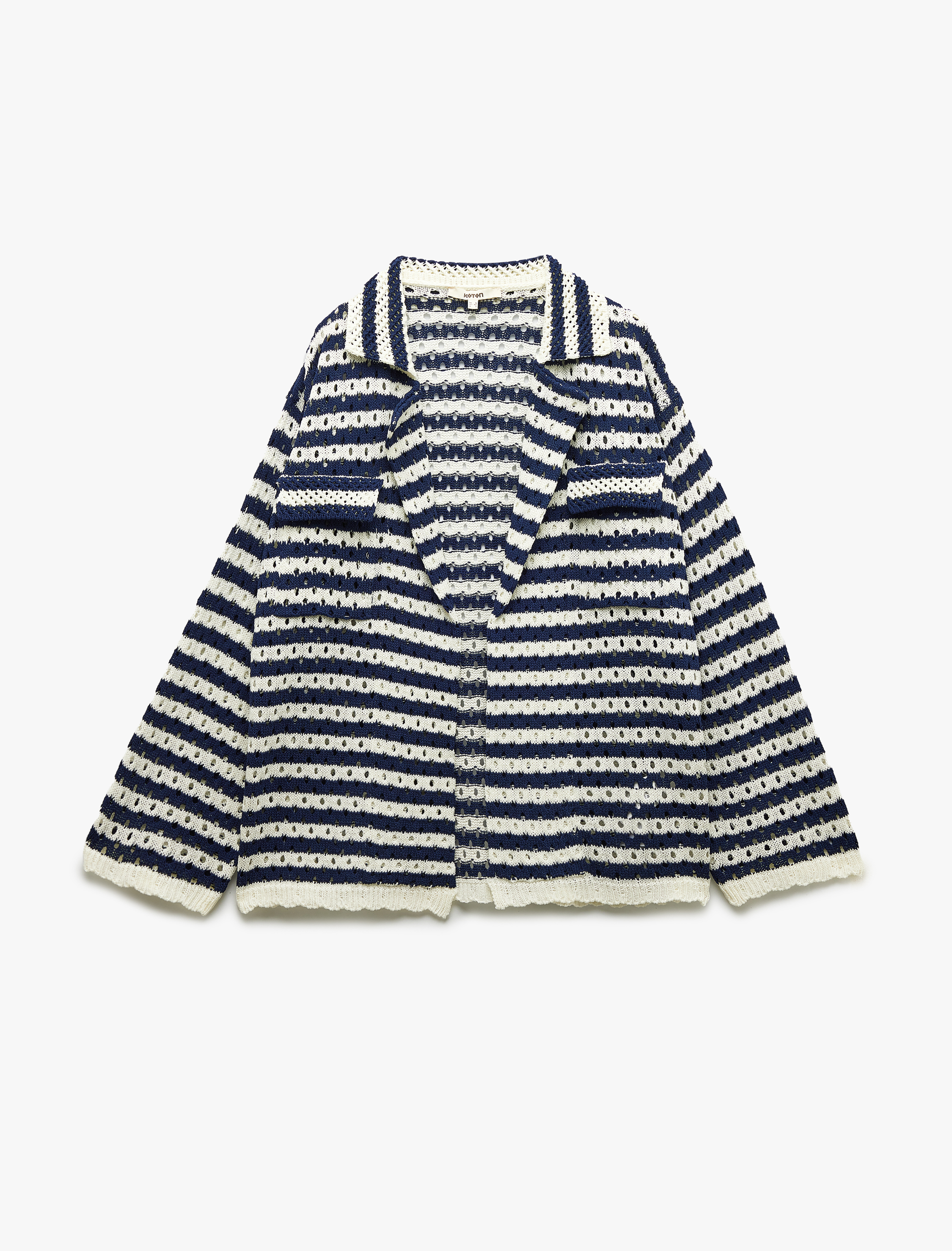   Cep Detaylı Uzun Kollu Ajurlu Çizgili Oversize Kroşe Ceket