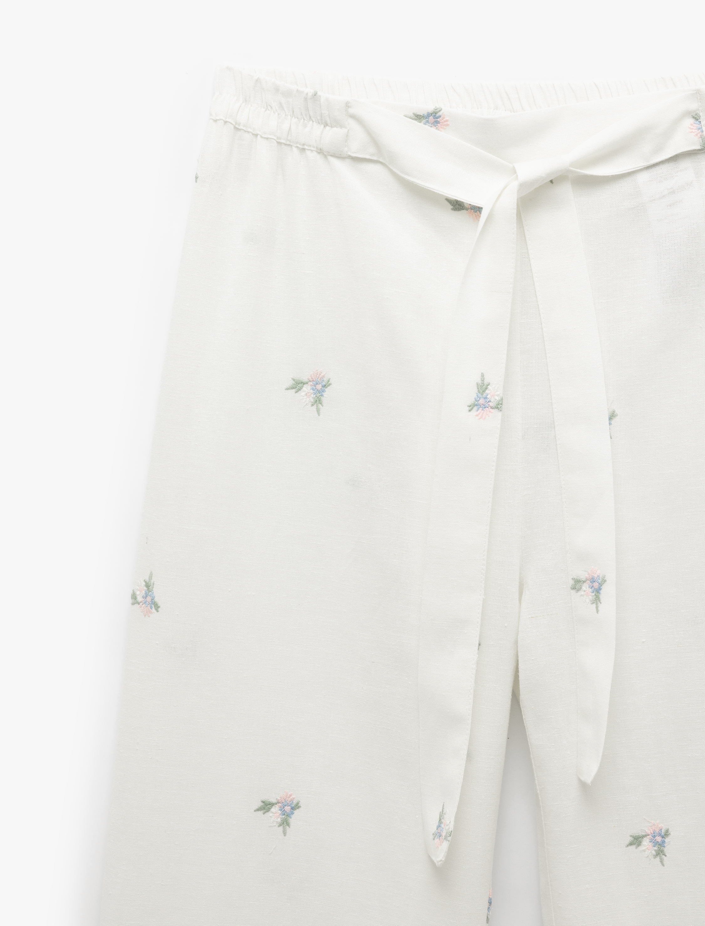   Rahat Kalıp Beli Bağlamalı Pamuk-Keten Karışımlı Çiçek İşlemeli Pijama Altı