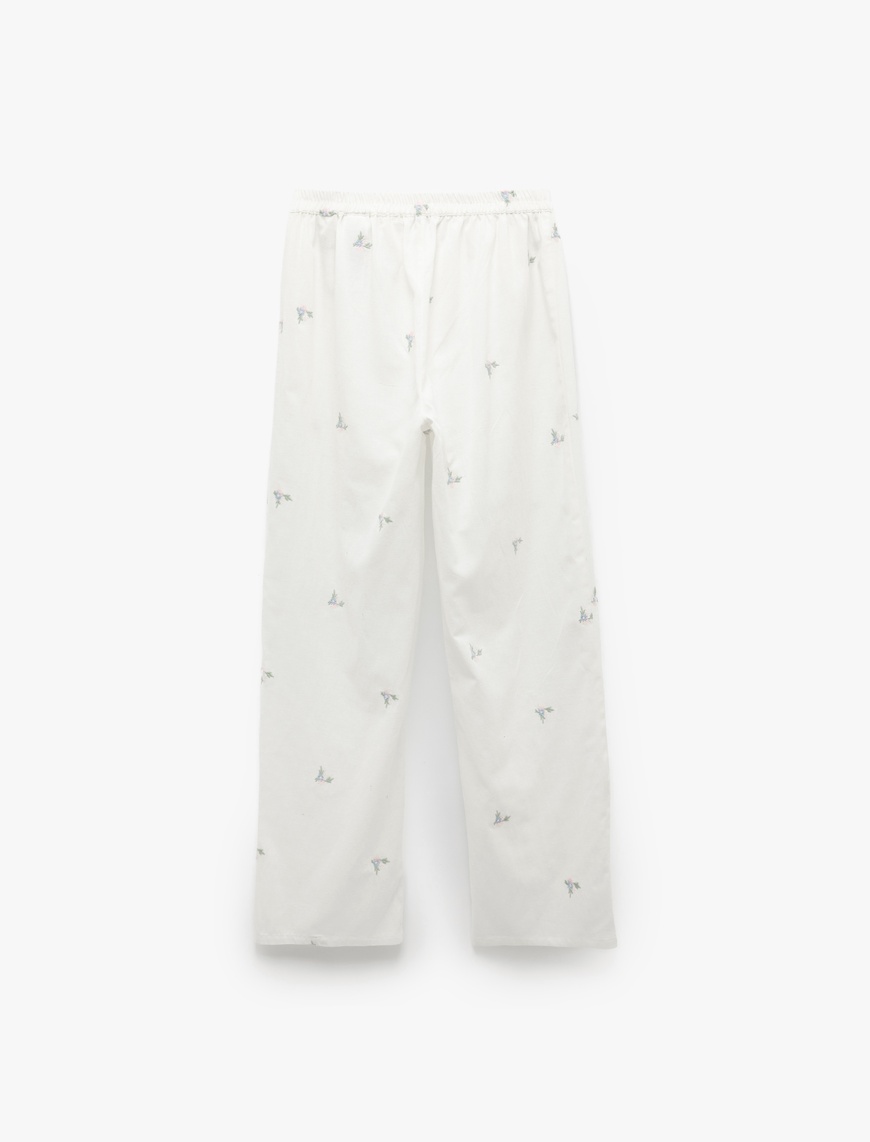  Rahat Kalıp Beli Bağlamalı Pamuk-Keten Karışımlı Çiçek İşlemeli Pijama Altı