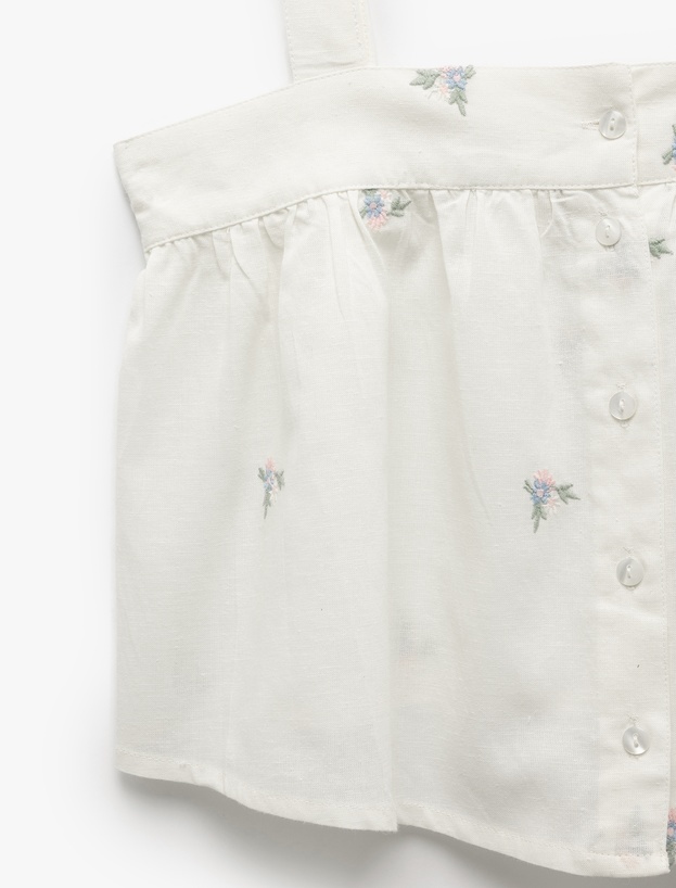 Pamuklu-Keten Karışımlı Askılı Çiçek İşlemeli Crop Pijama Üstü_4