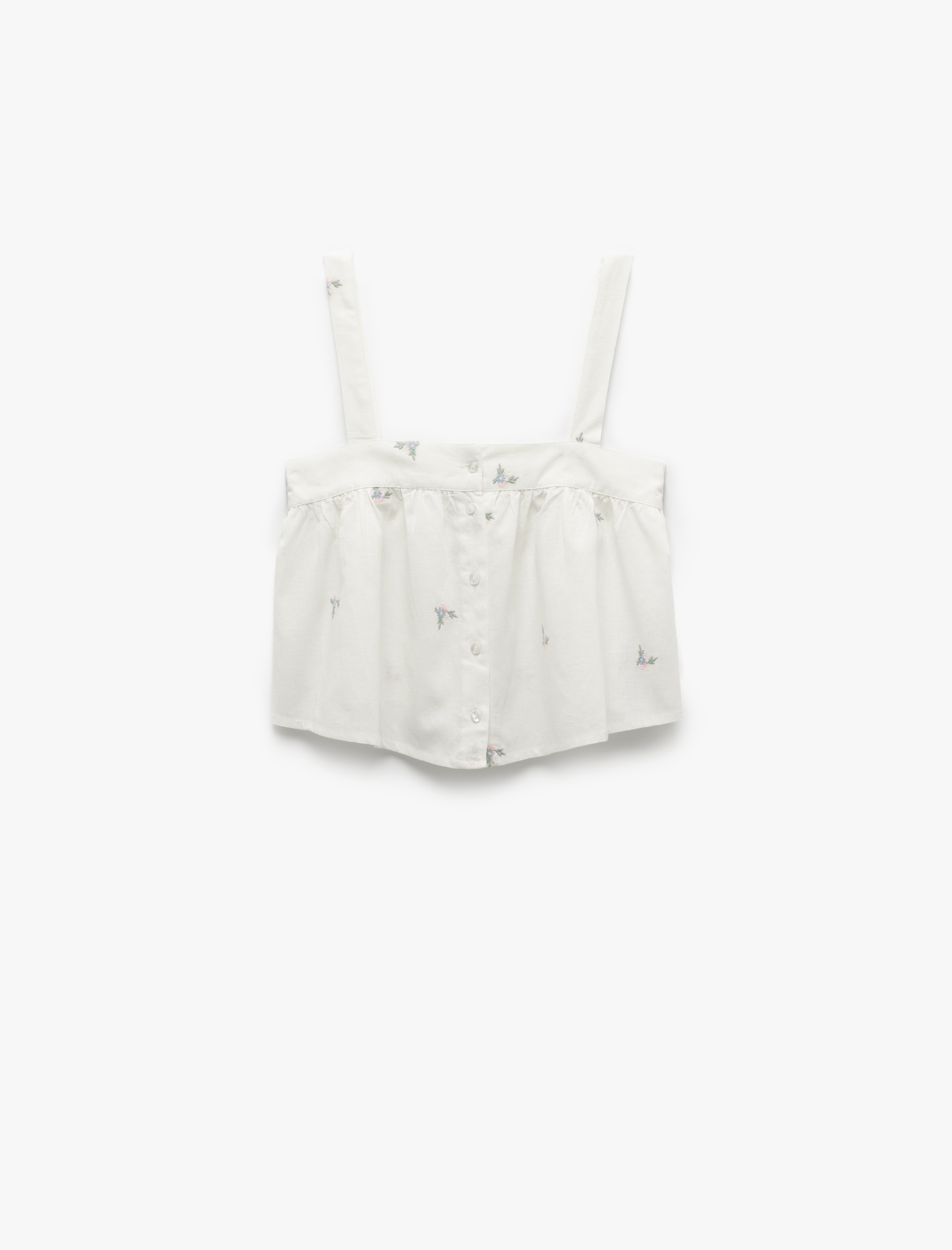   Pamuklu-Keten Karışımlı Askılı Çiçek İşlemeli Crop Pijama Üstü