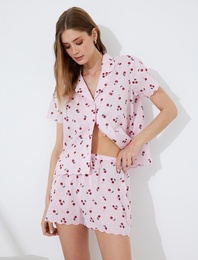Pamuklu Gömlek Yaka Kiraz Desenli Kısa Kollu Pijama Üstü