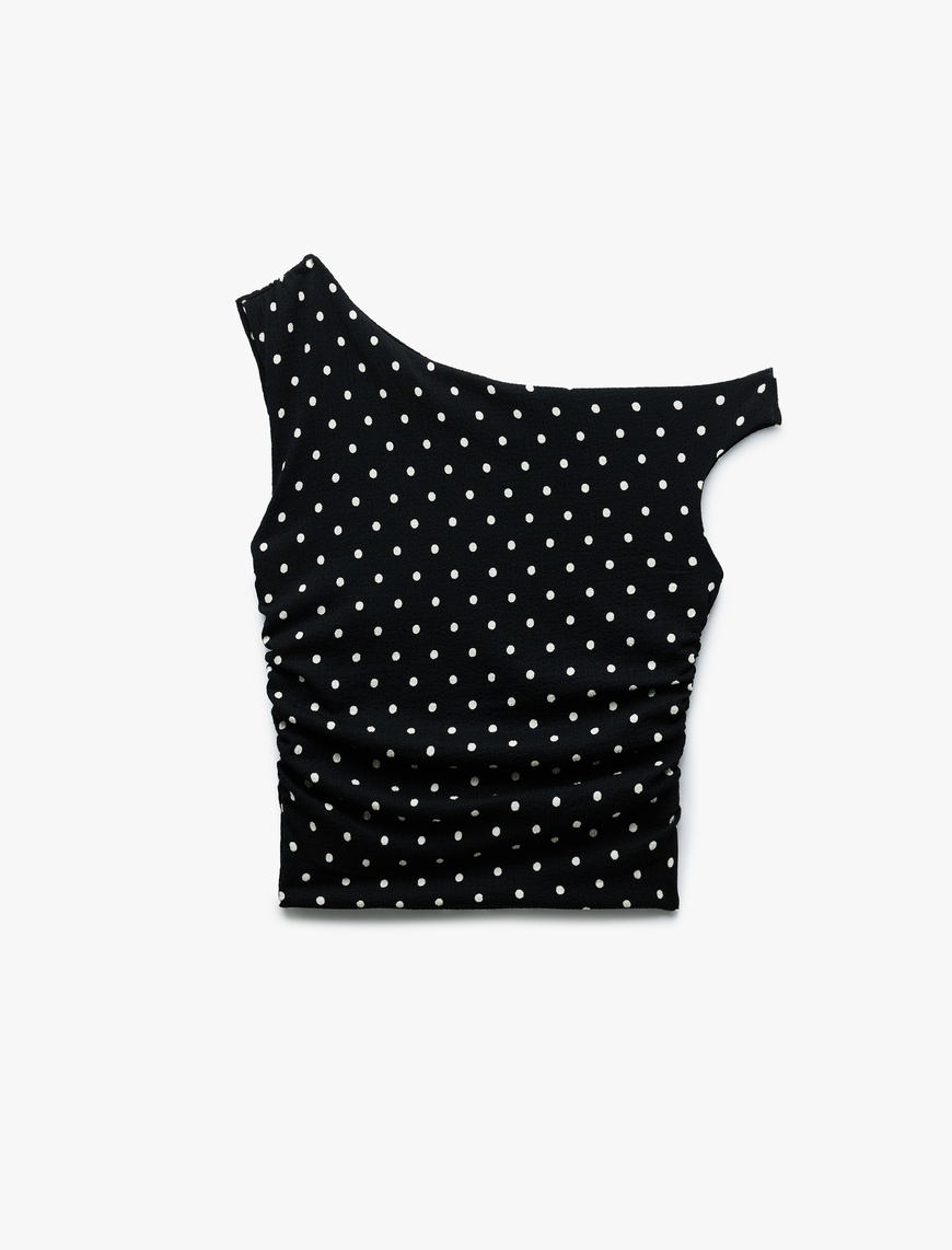   Büzgü Detaylı Slim Fit Asimetrik Yaka Puantiyeli Bluz