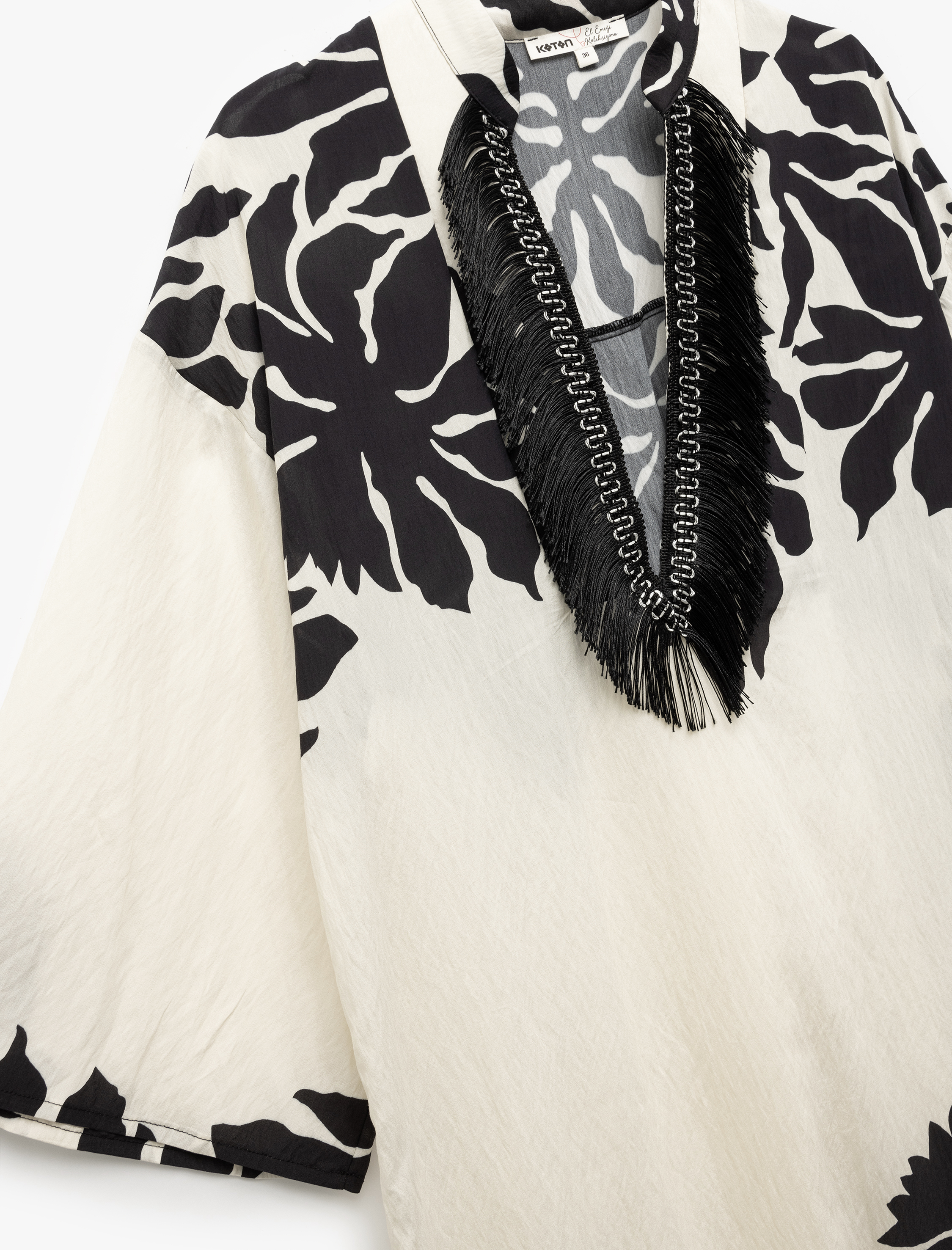   Rahat Kalıp Püsküllü Mandarin Yaka Kısa Kollu Viskon Çiçekli Tunik Elbise