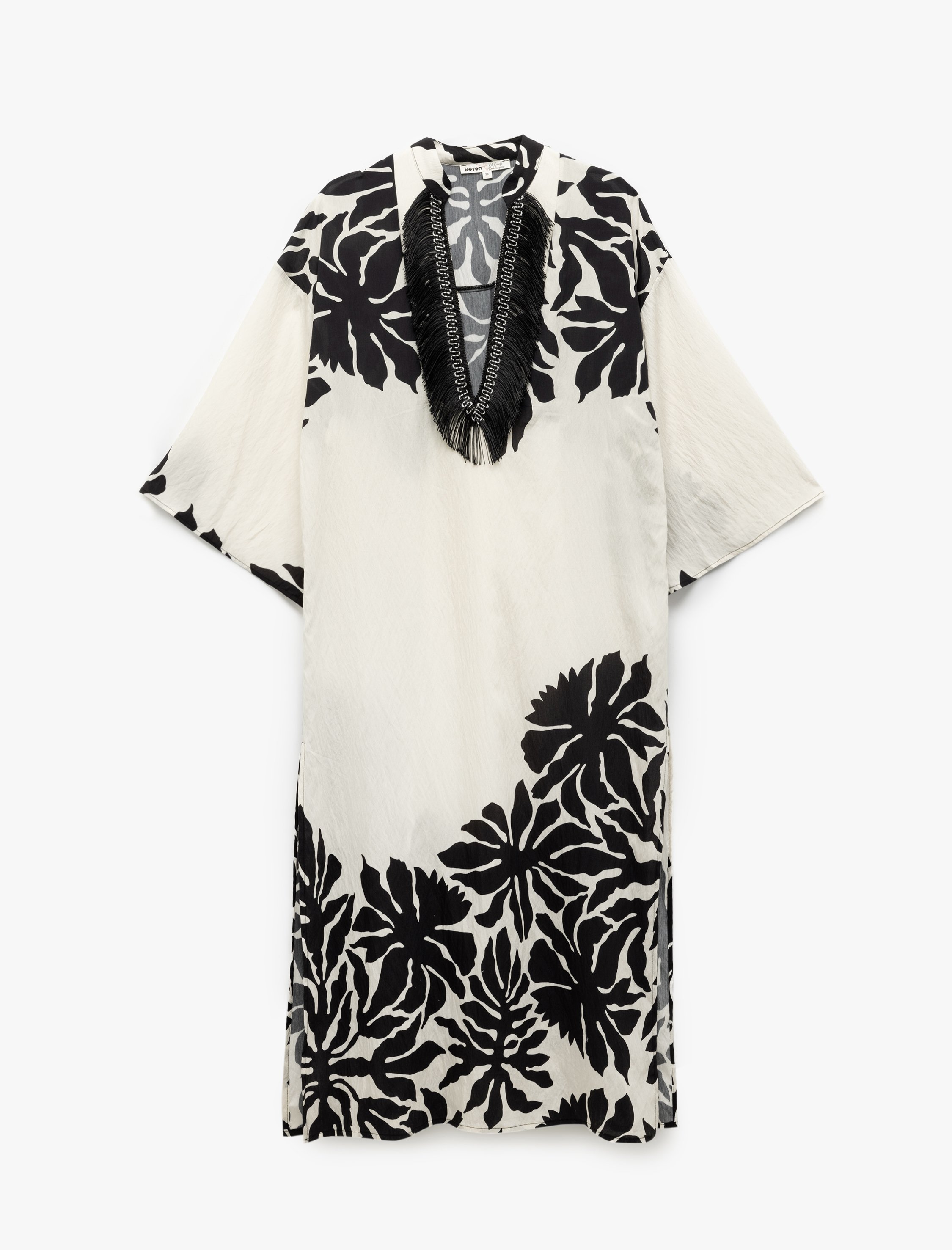   Rahat Kalıp Püsküllü Mandarin Yaka Kısa Kollu Viskon Çiçekli Tunik Elbise