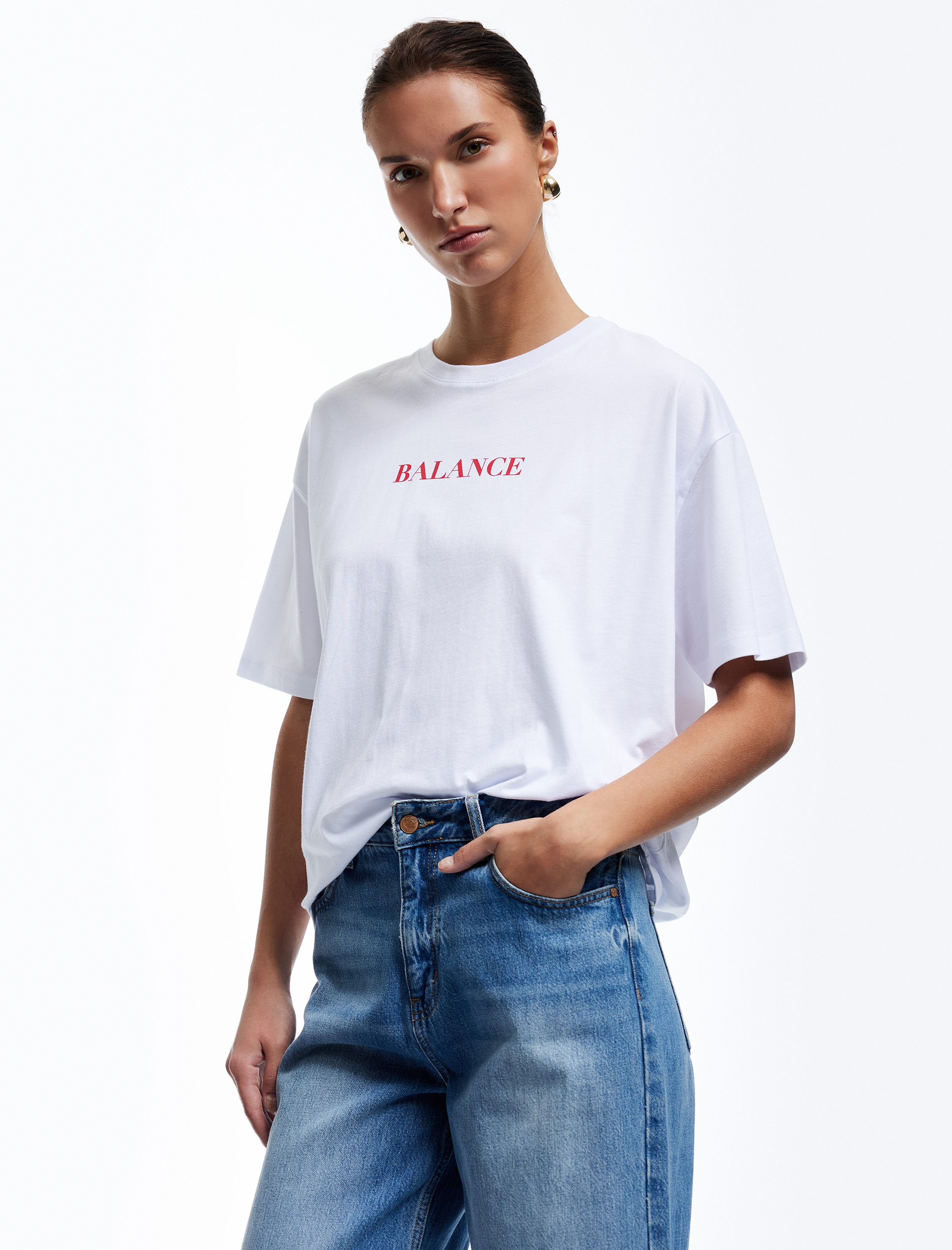   Pamuklu Bisiklet Yaka Kısa Kollu Arkası Baskılı Oversize Tişört