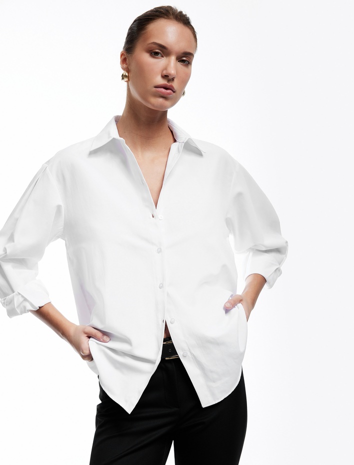  Klasik Yaka Uzun Balon Kollu Kadın Gömlek