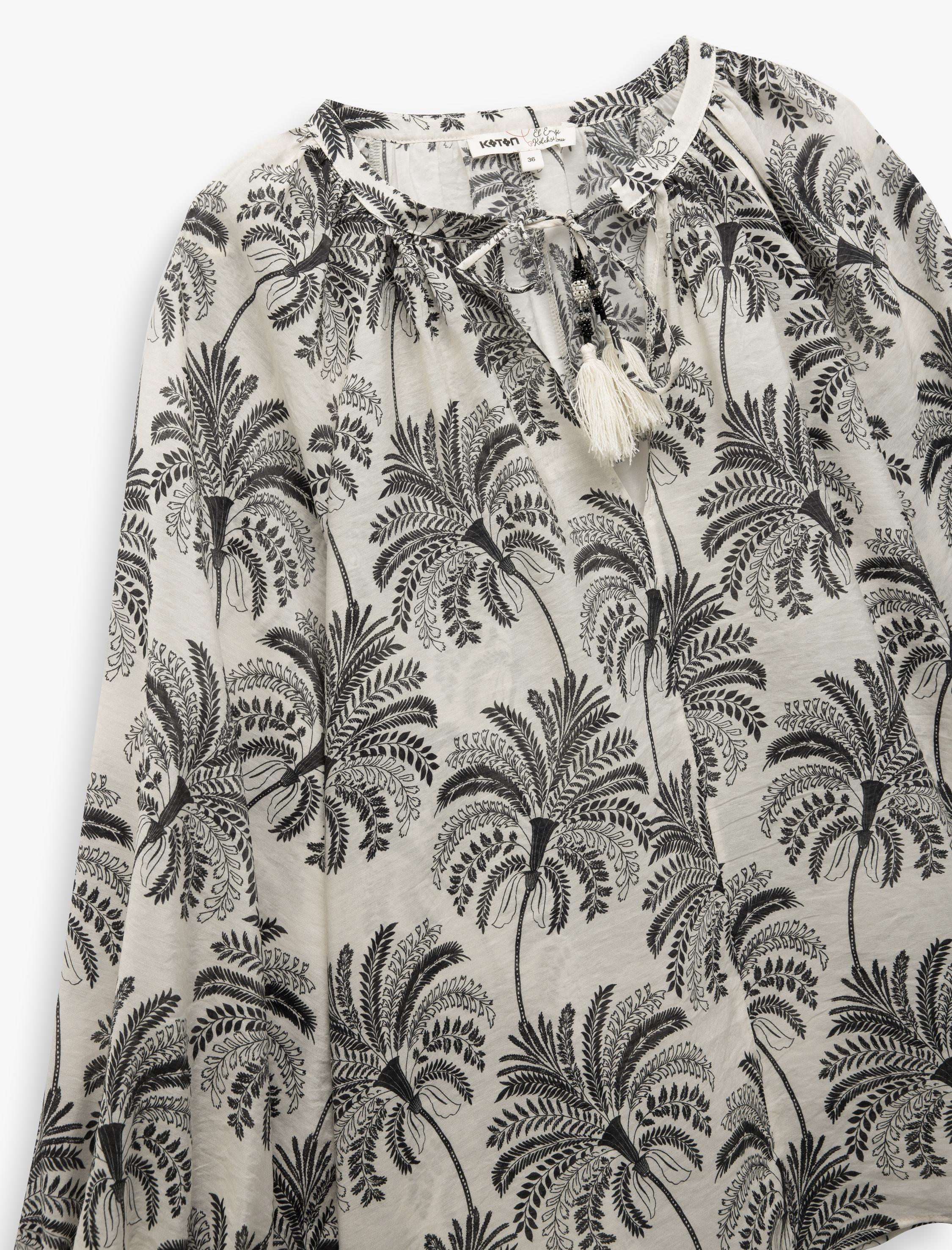   Floral Desenli Viskon Bağlamalı Yuvarlak Yaka Uzun Kollu Bluz