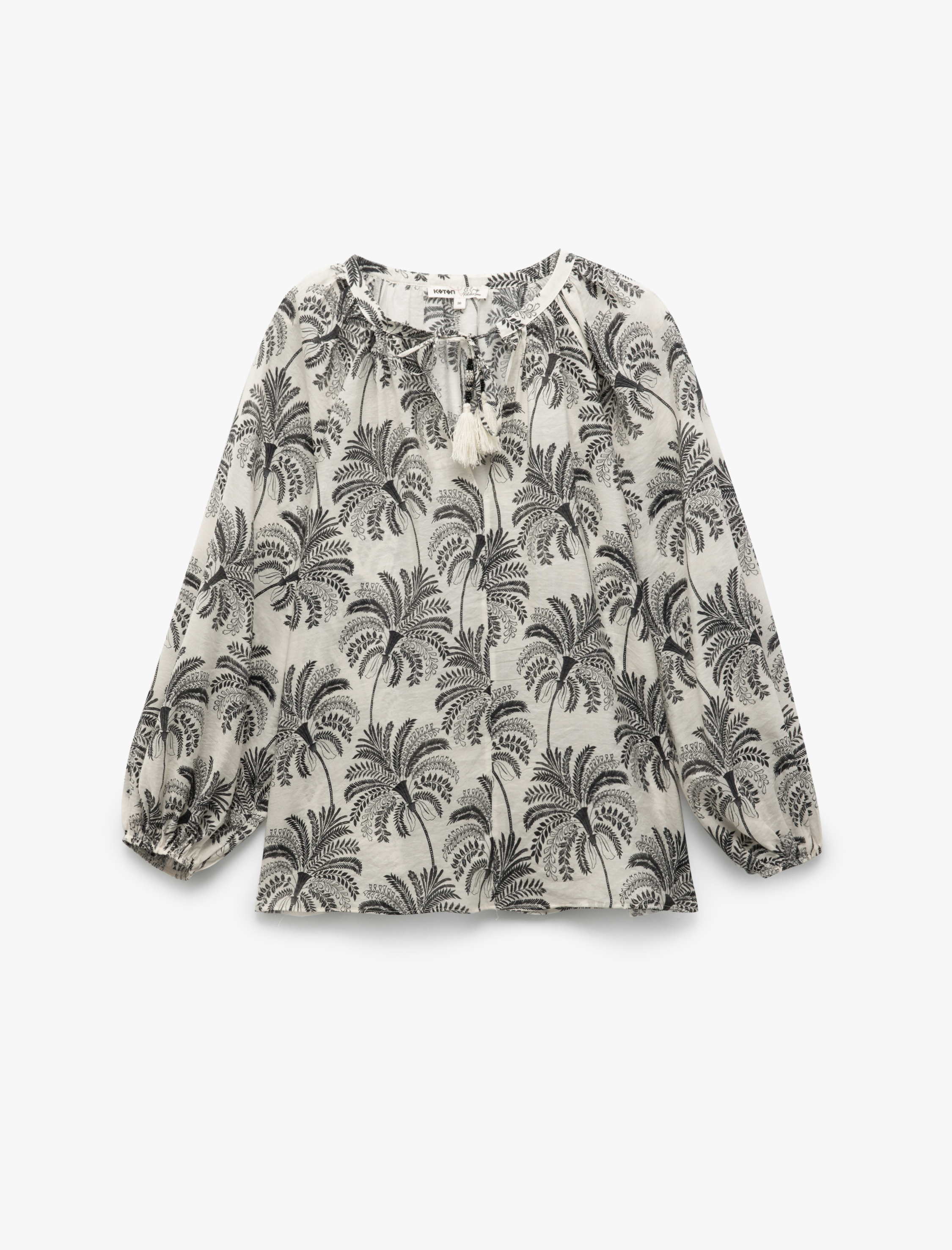   Floral Desenli Viskon Bağlamalı Yuvarlak Yaka Uzun Kollu Bluz