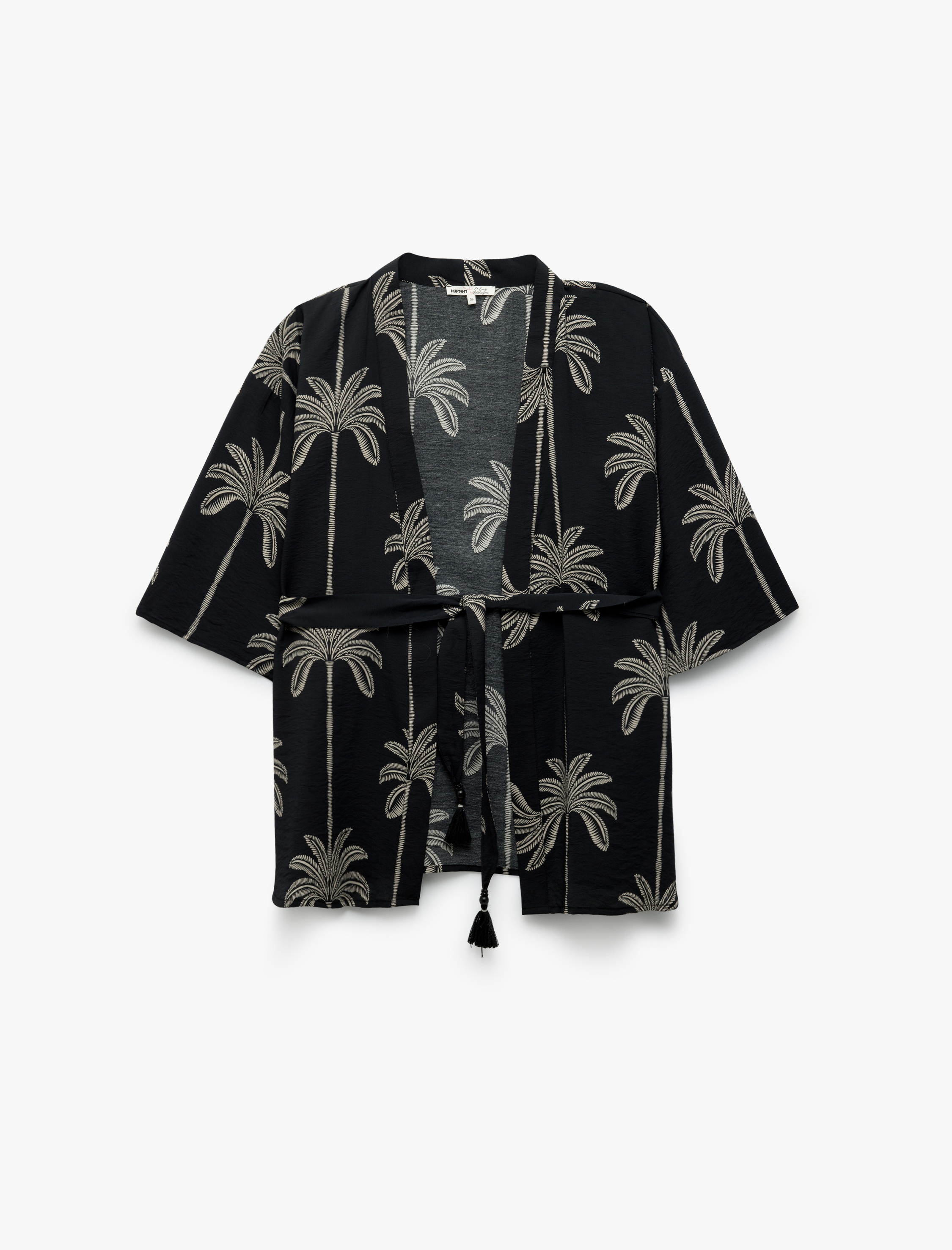   Bağlama Detaylı 3/4 Kol Palmiye Baskılı Viskon Kimono