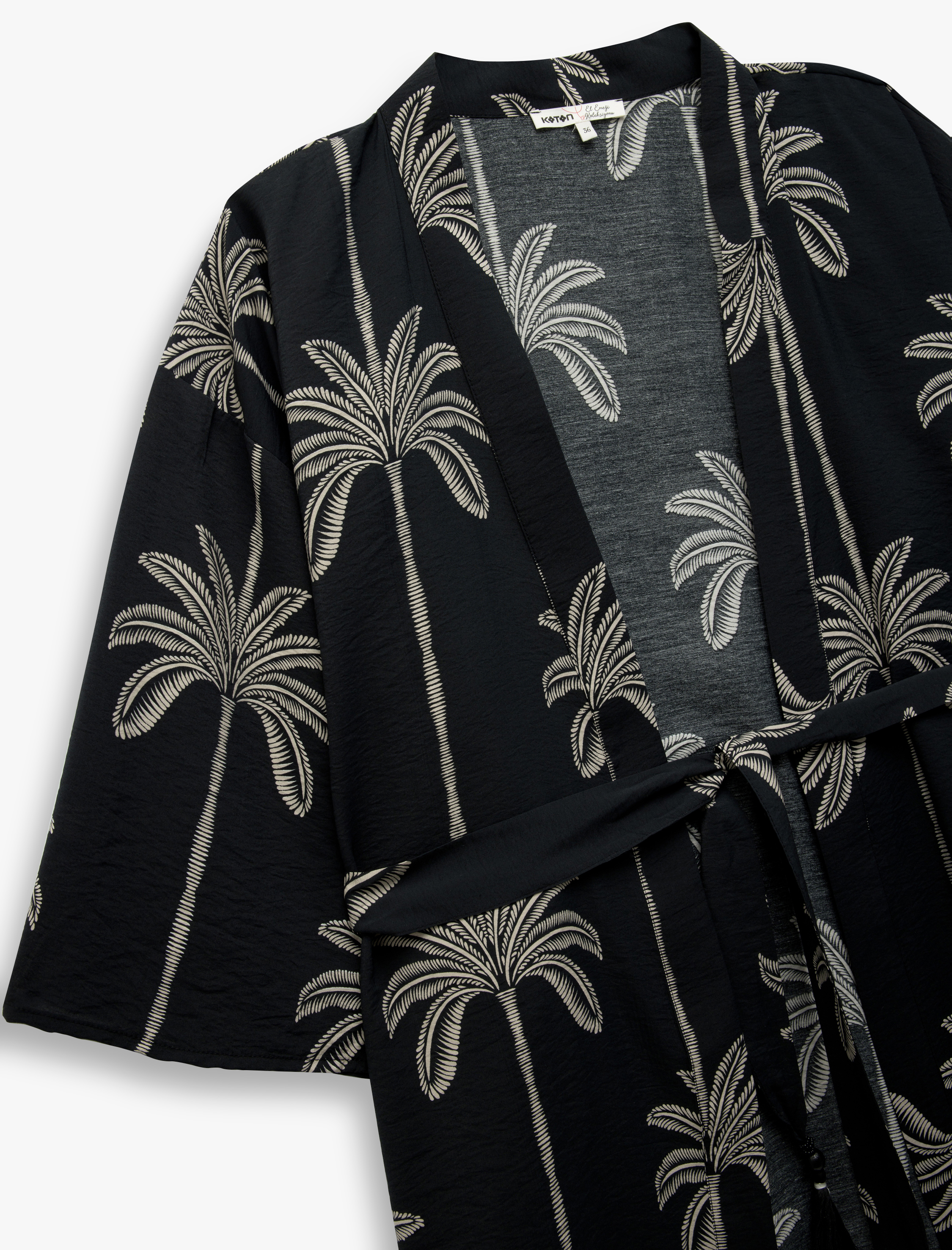   Bağlama Detaylı 3/4 Kol Palmiye Baskılı Viskon Kimono