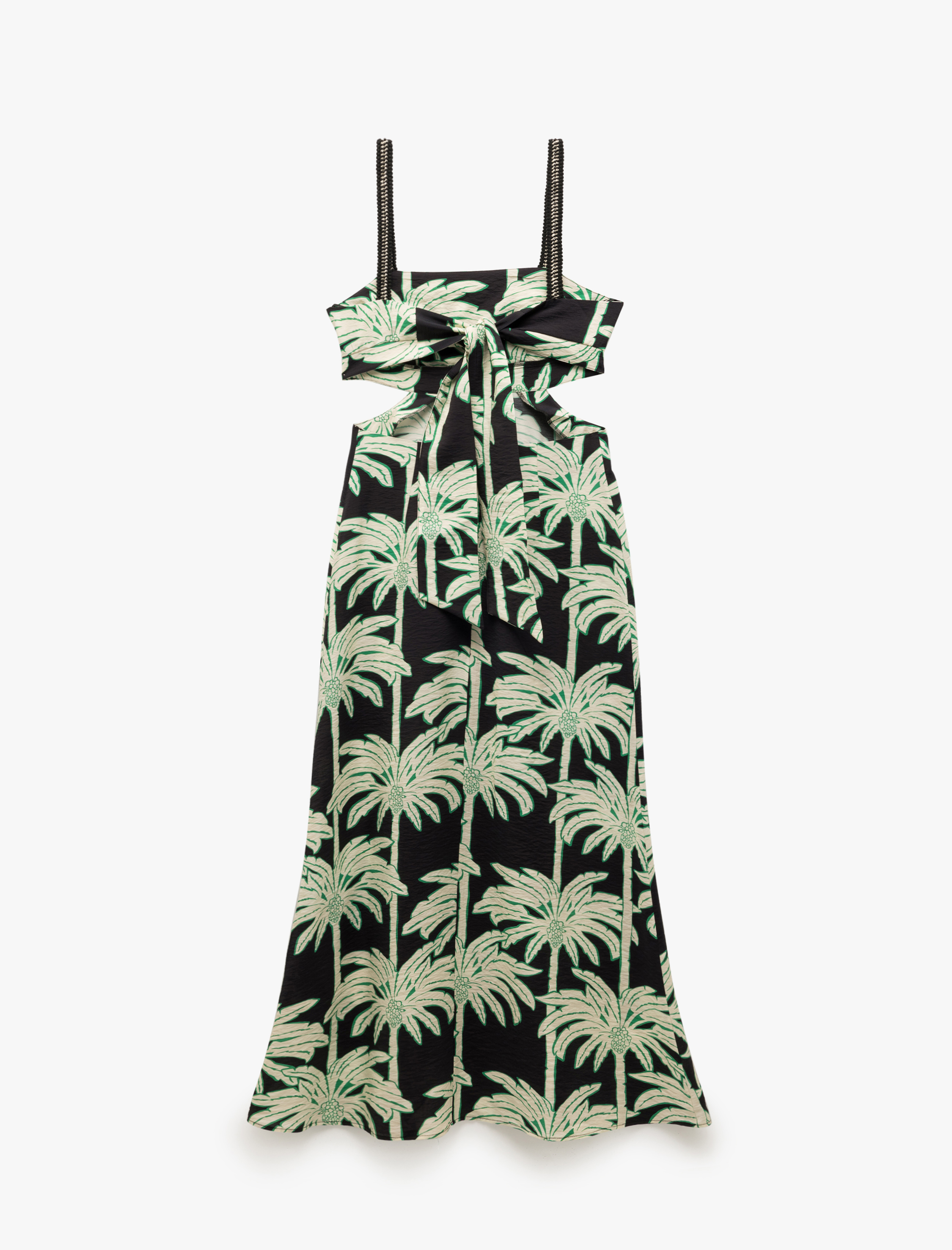 Viskon Kumaş Palmiye Desenli Pencere Detaylı Askılı Uzun Elbise