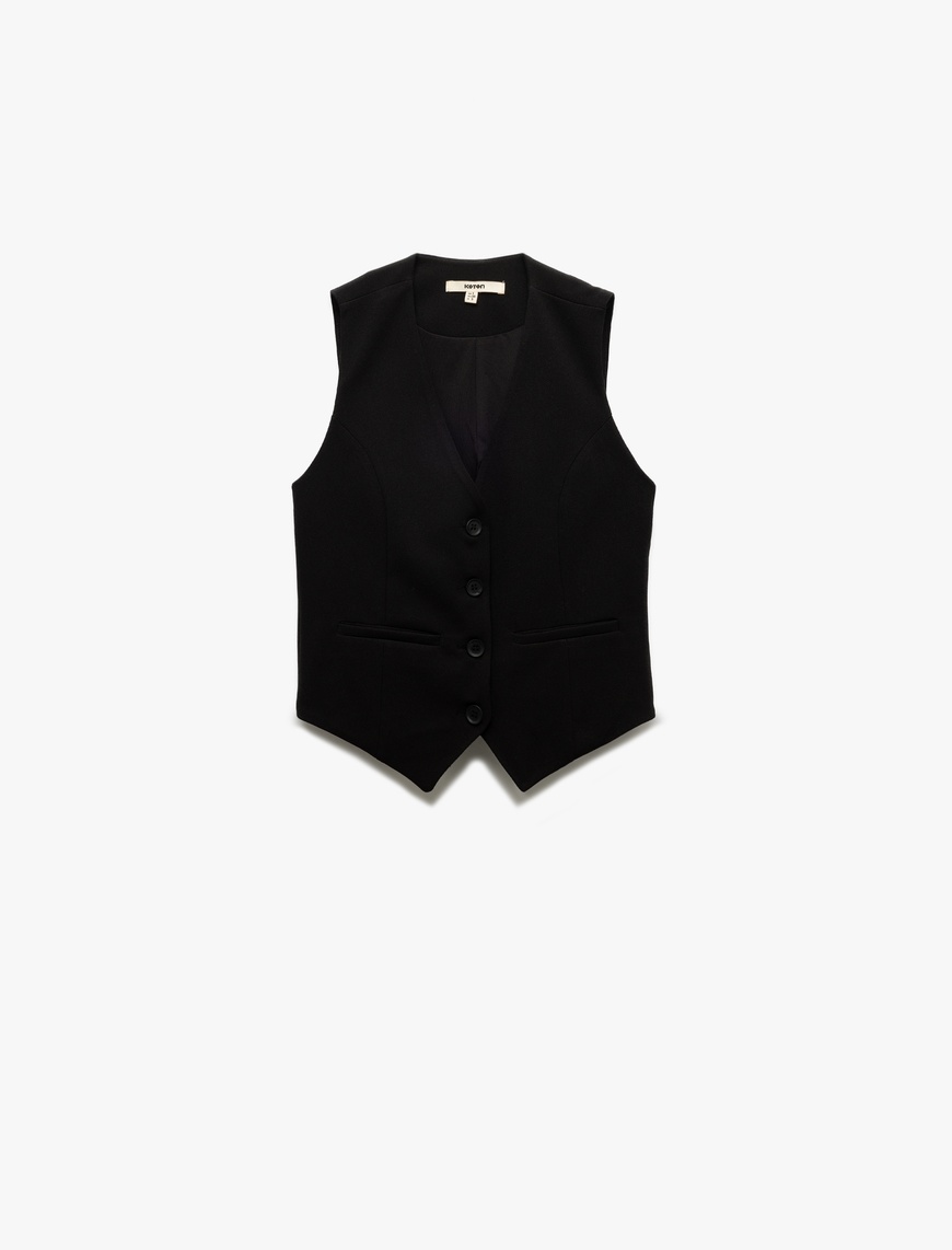   Krep Scuba Kumaş Astarlı Slim Fit V Yaka Kolsuz Düğmeli Yelek
