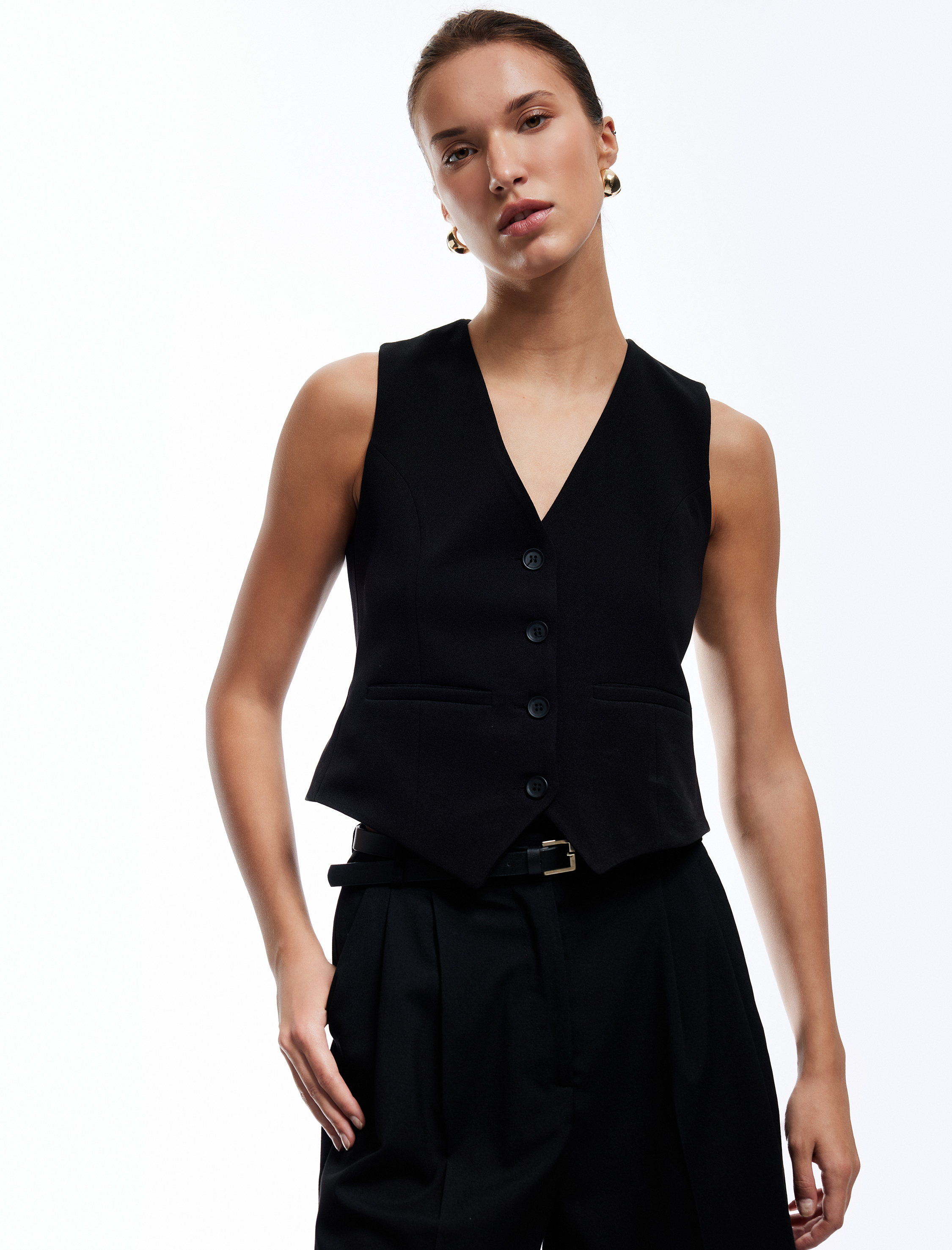   Krep Scuba Kumaş Astarlı Slim Fit V Yaka Kolsuz Düğmeli Yelek