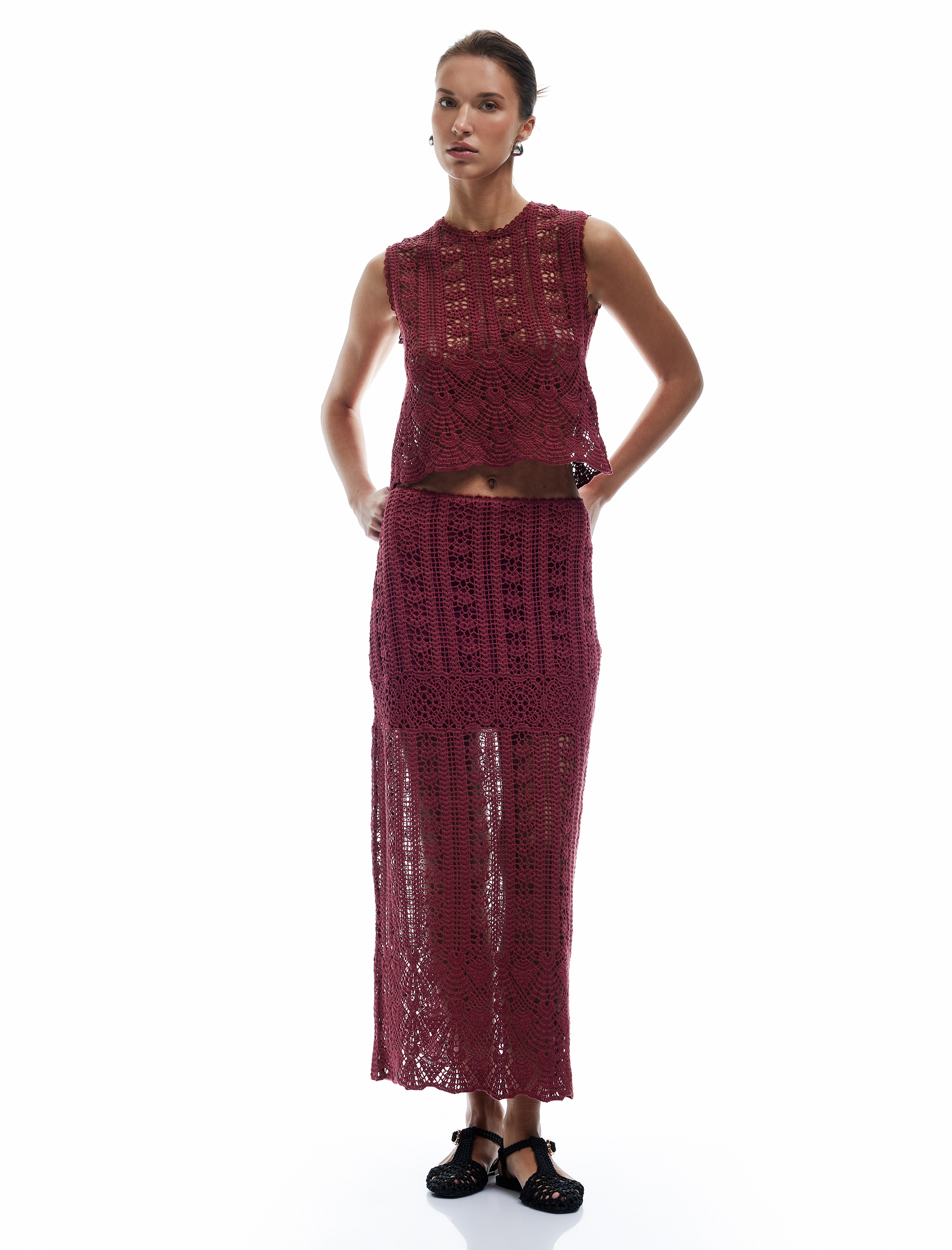   Pamuklu Slim Fit Ajurlu Midi Boy Kroşe Etek