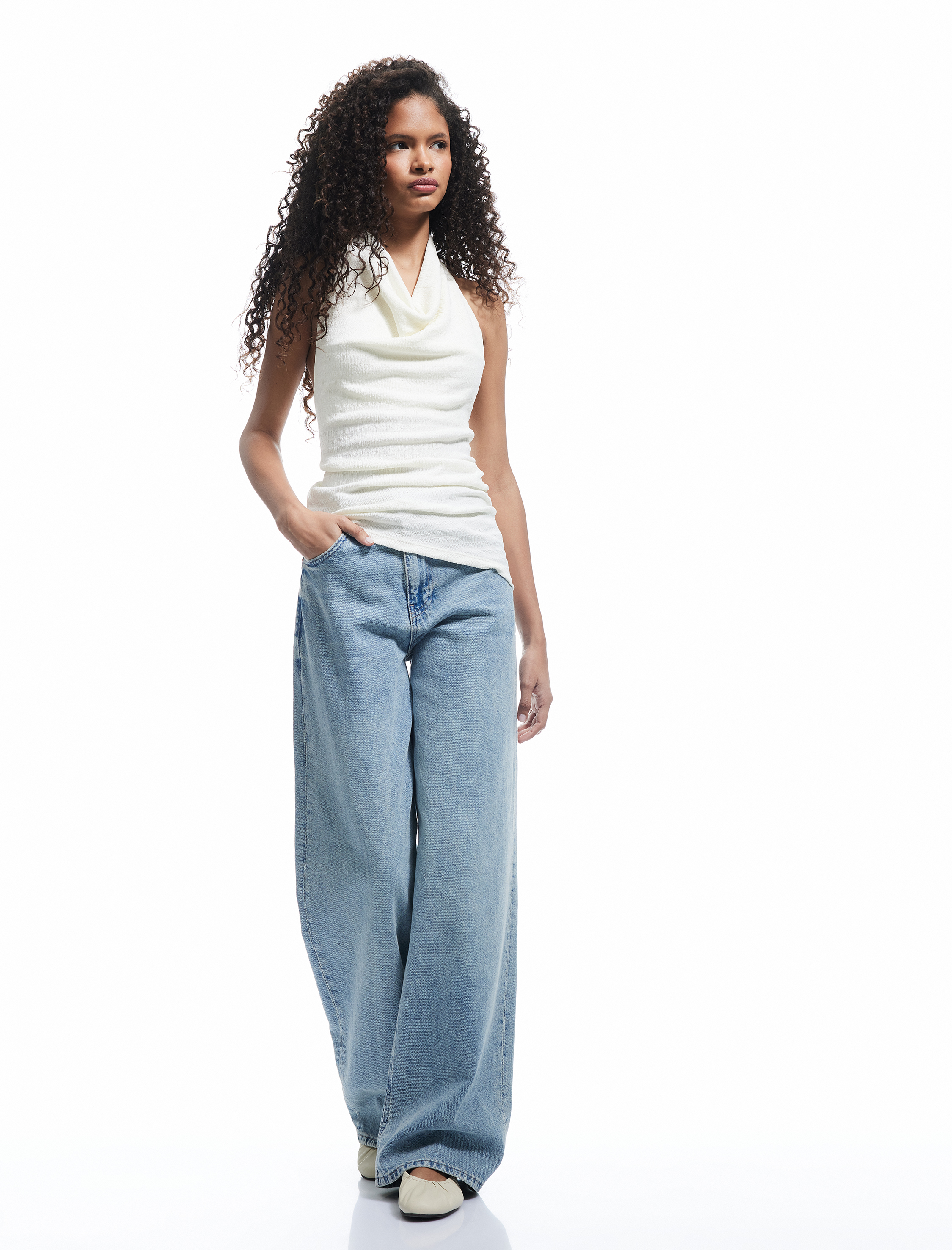   Degaje Yaka Asimetrik Slim Fit Drapeli Kolsuz Bluz