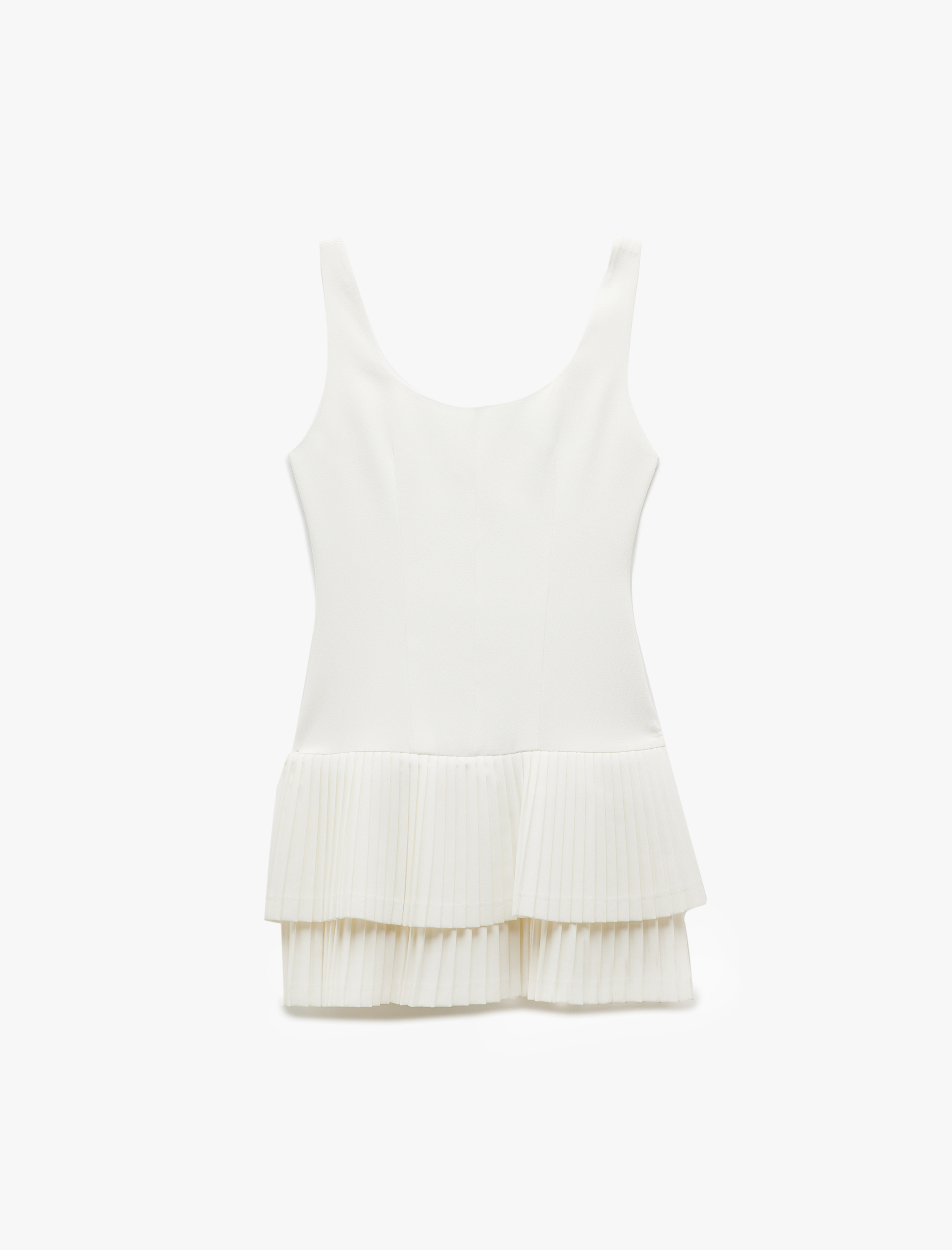   Kolsuz Astarlı Kare Yaka Pileli Katlı Askılı Mini Elbise