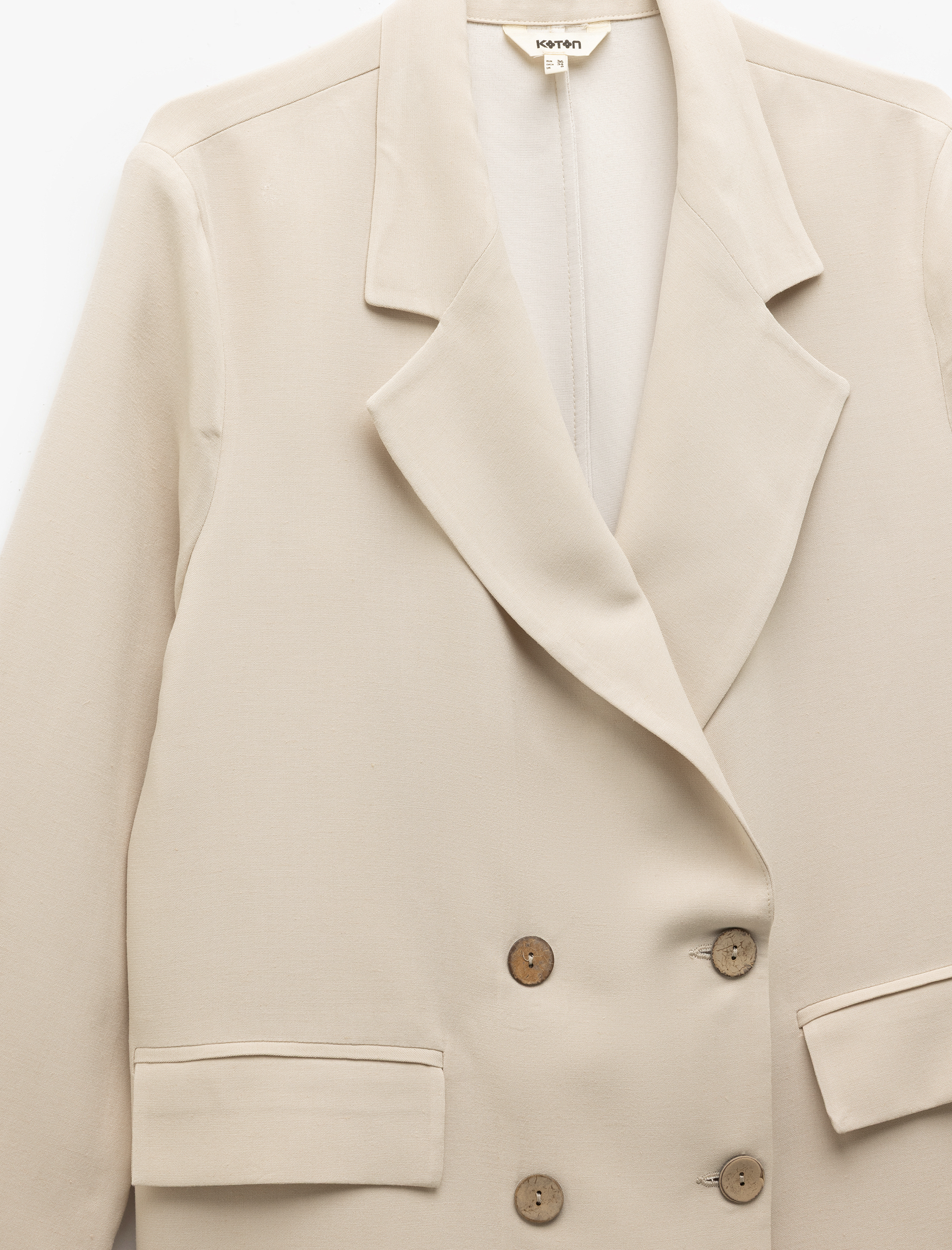   Uzun Kollu Cepli Keten Karışımlı Kruvaze Oversize Blazer Ceket