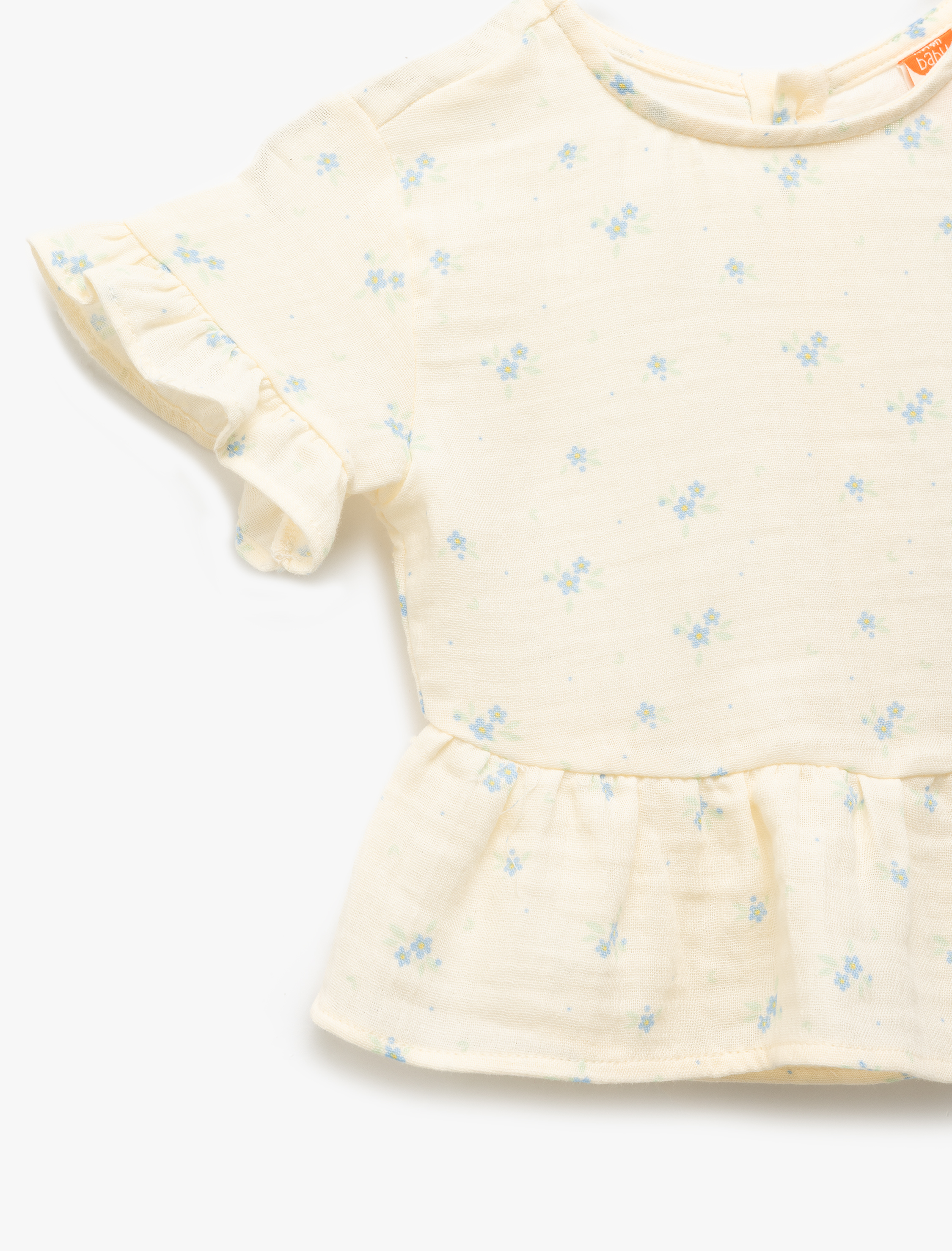 Kız Bebek Fırfır Detaylı Kısa Kollu Bisiklet Yaka Pamuklu Çiçekli Bluz