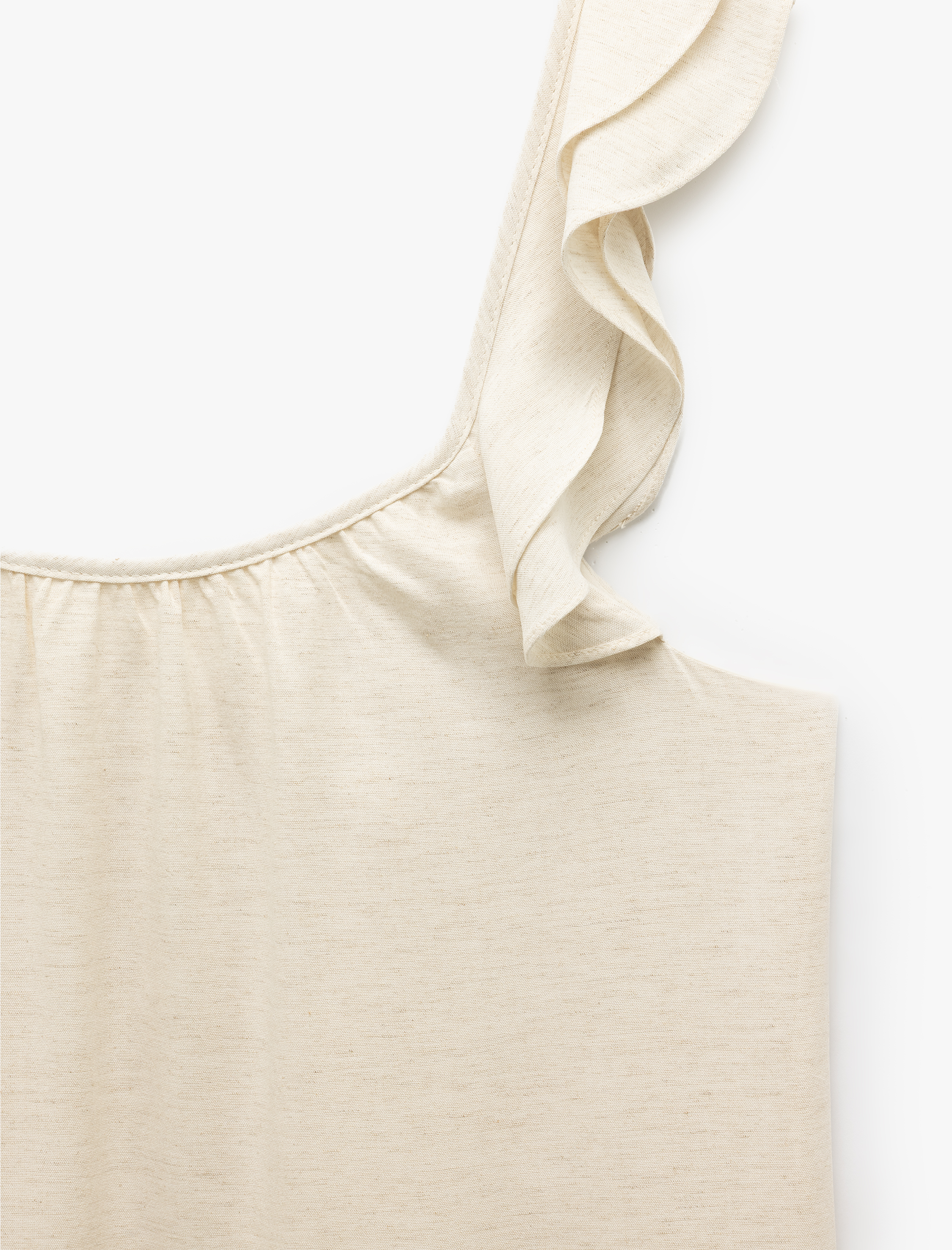 Viskon Keten Karışımlı Kare Yaka Fırfırlı Askılı Mini Elbise