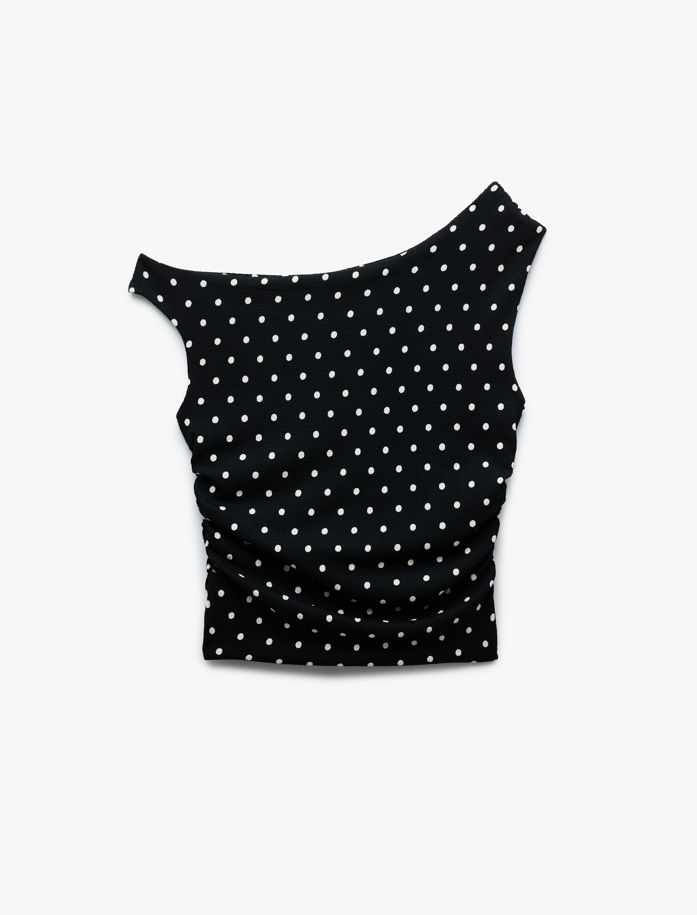   Büzgü Detaylı Slim Fit Asimetrik Yaka Puantiyeli Bluz