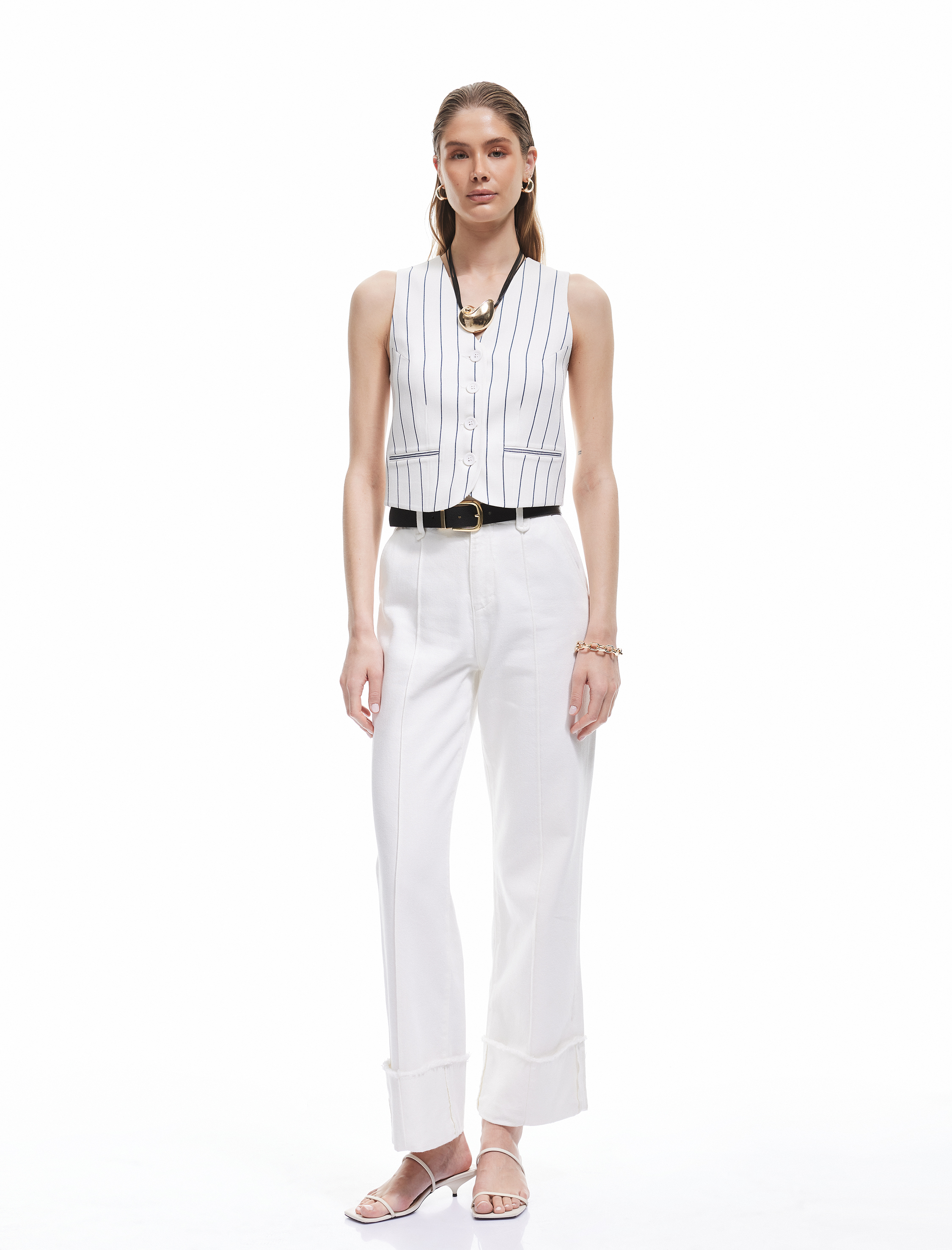   Nervürlü Yüksek Bel Düz Katlı Paça Denim Pantolon - Straight Fit Jean