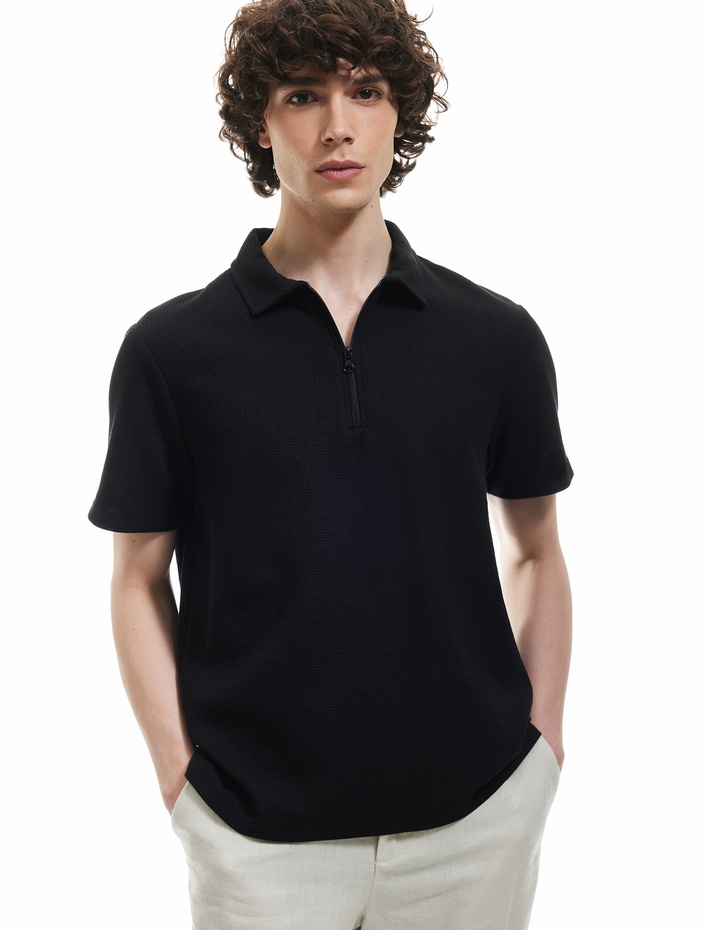  Kısa Kollu Waffle Dokulu Regular Fit Basic Yarım Fermuarlı Polo Yaka Tişört