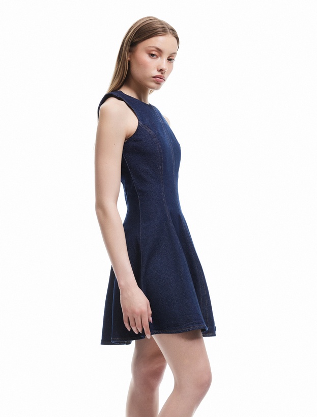 Kolsuz Bisiklet Yaka Fermuarlı Dikiş Detaylı Volanlı Mini Denim Elbise_2