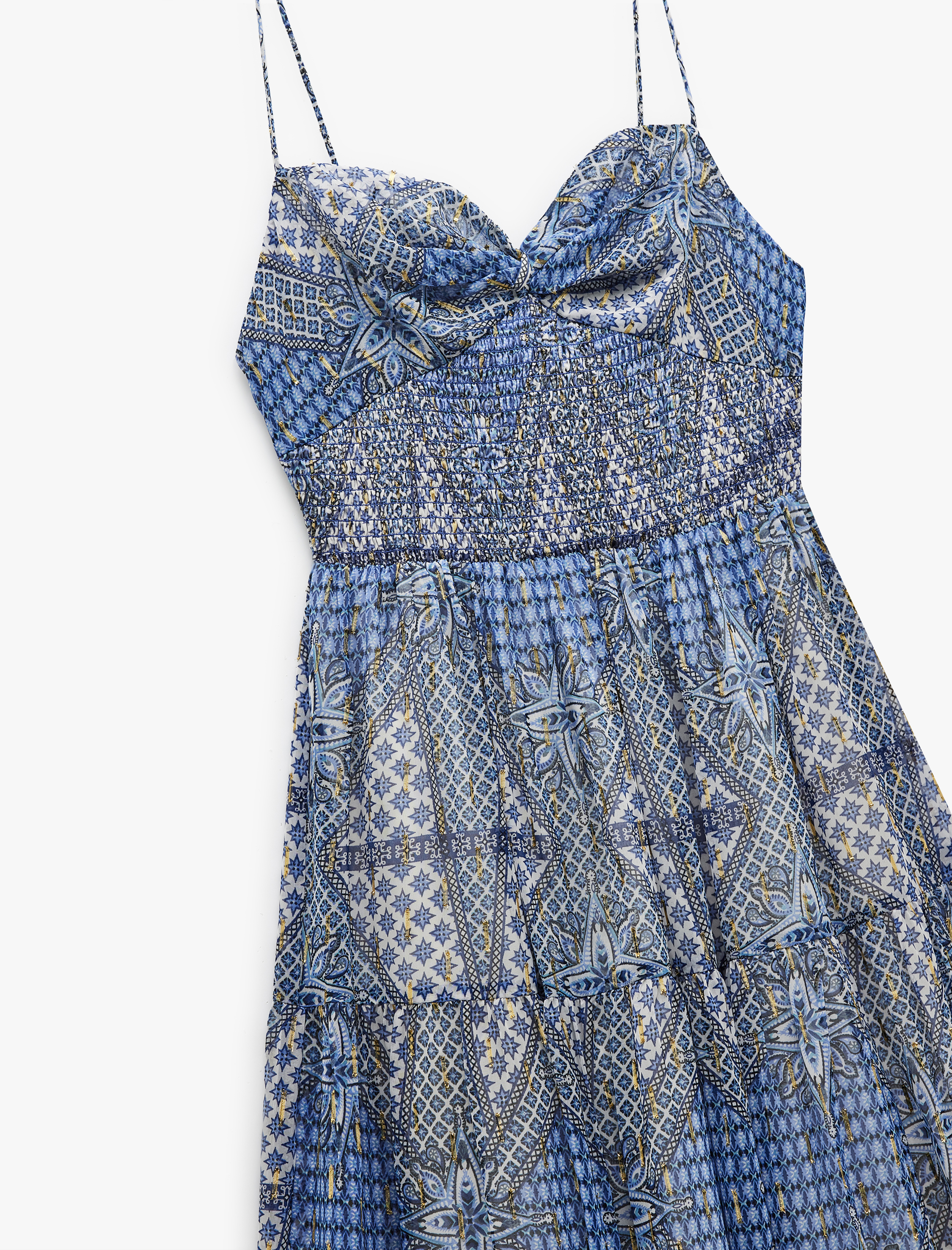   Astarlı Etnik Desenli Parıltılı Kalp Yaka Uzun İnce Askılı Şifon Elbise