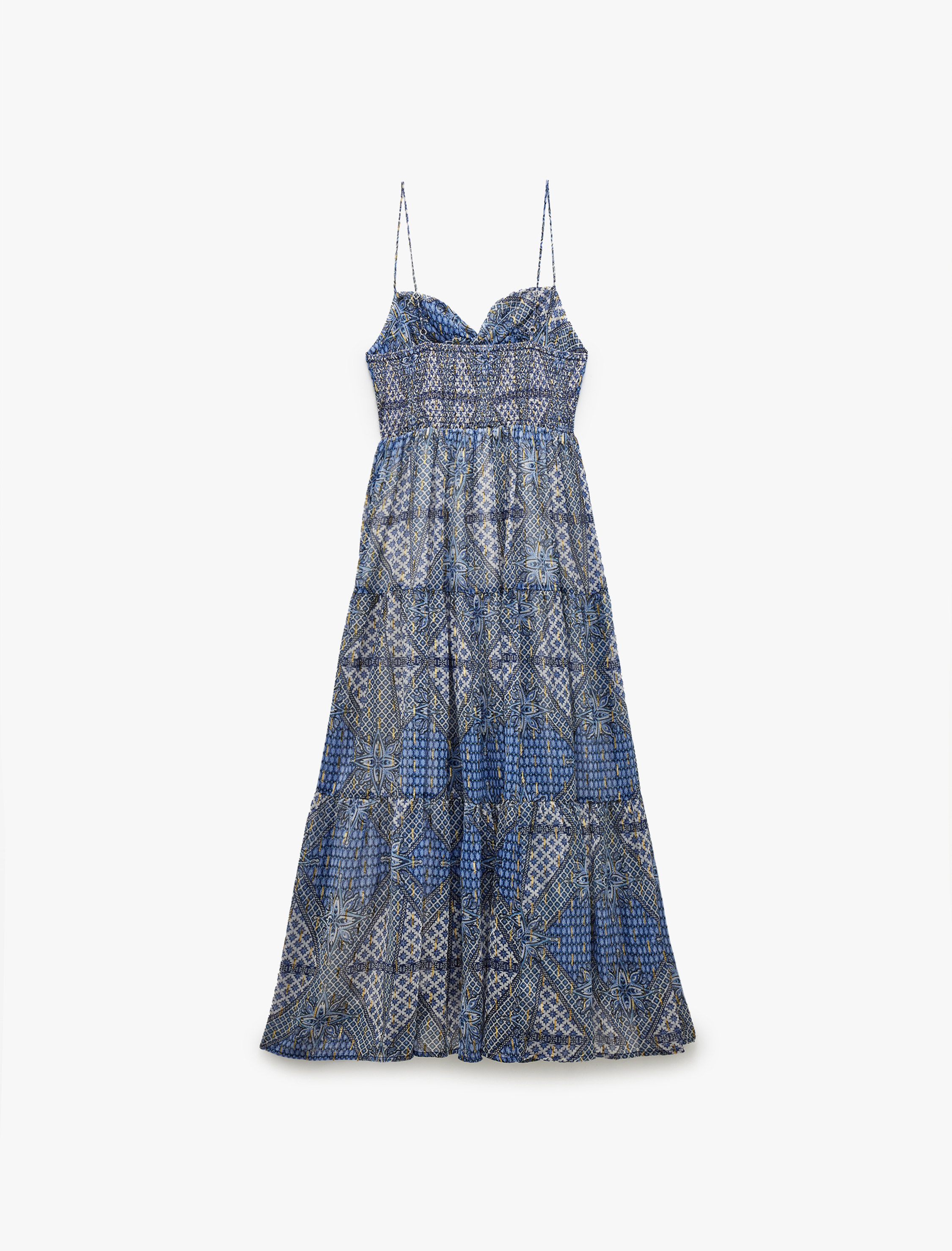   Astarlı Etnik Desenli Parıltılı Kalp Yaka Uzun İnce Askılı Şifon Elbise