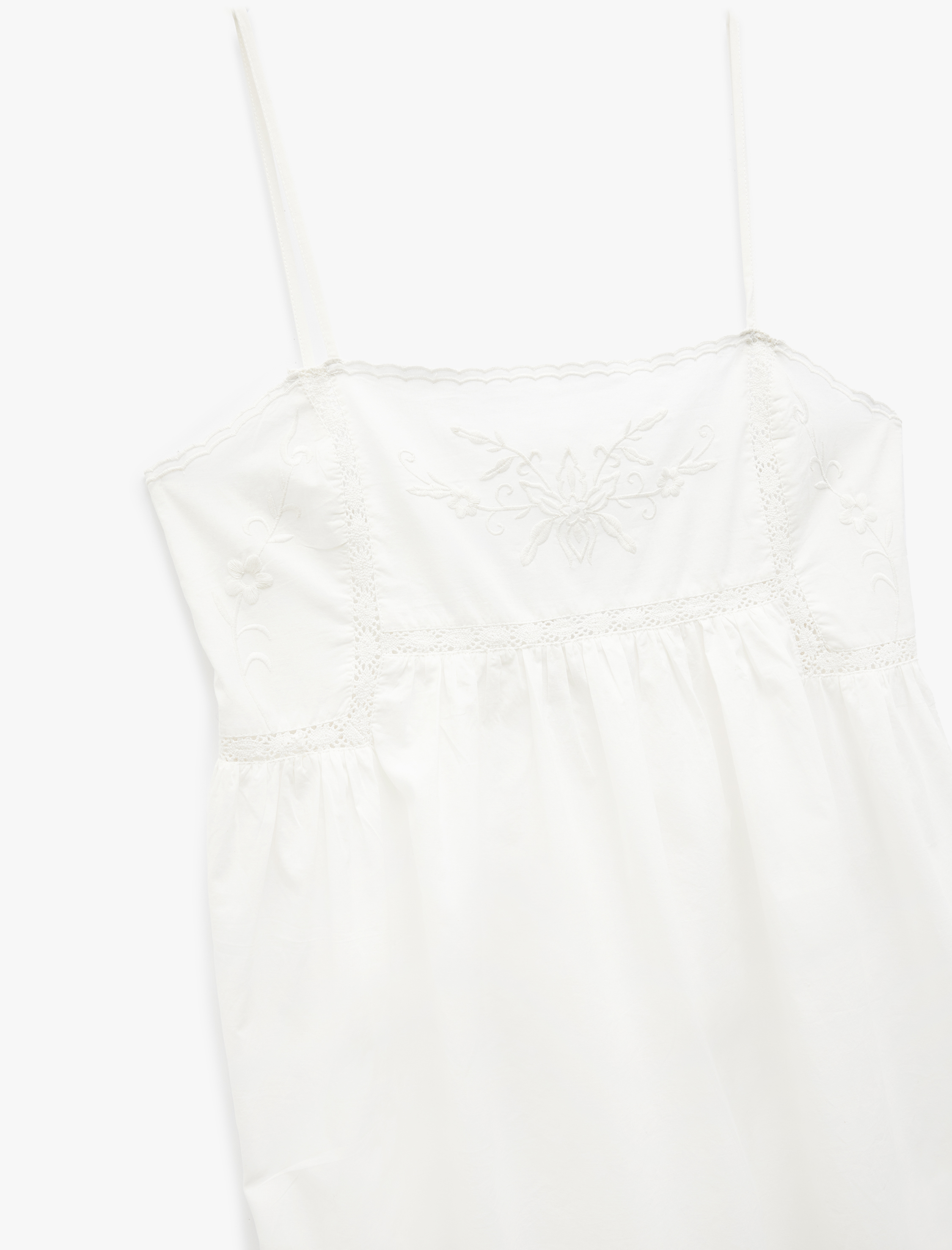   Kolsuz Pamuklu Brodeli Fistolu Kare Yaka Askılı Uzun Gecelik