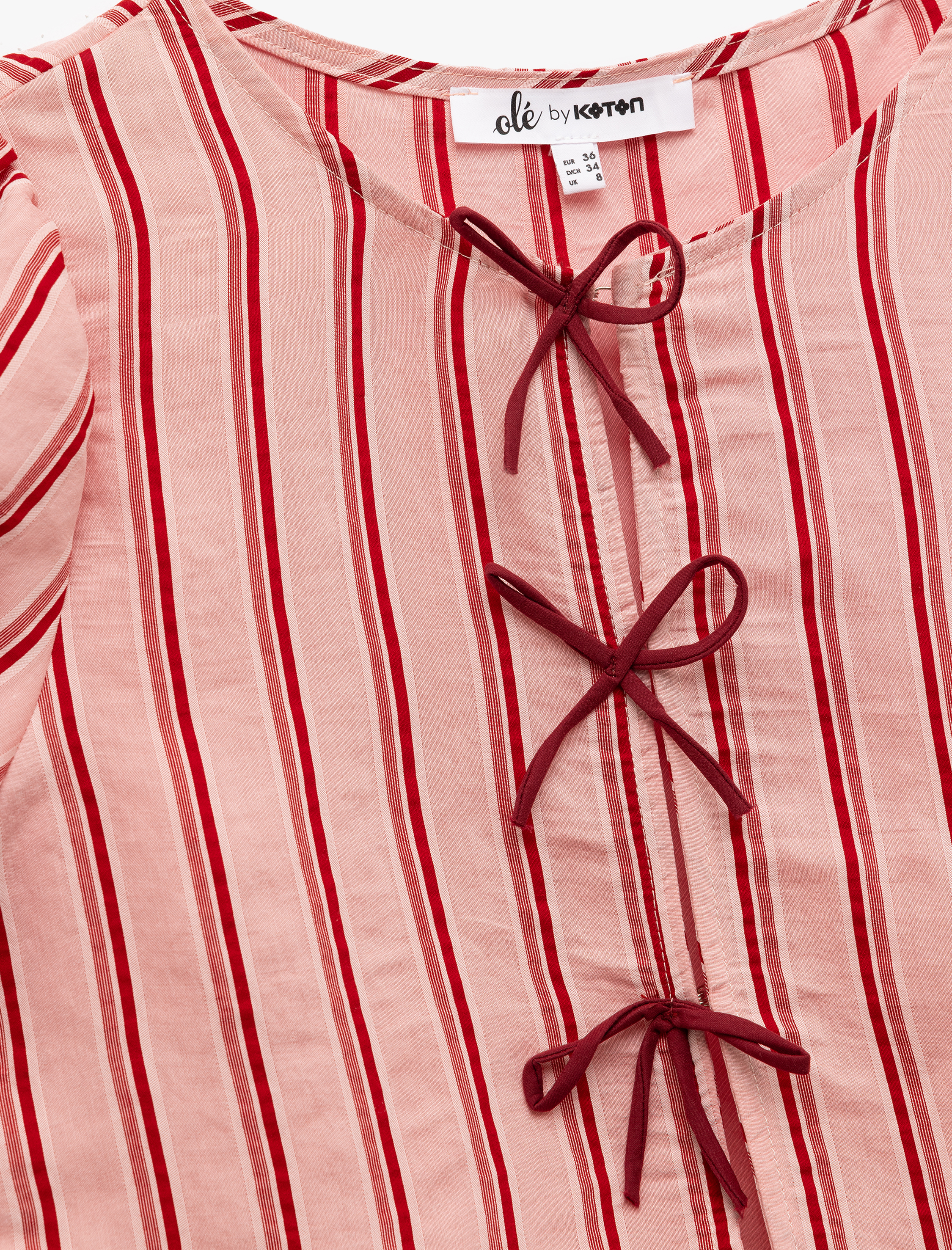   Bisiklet Yaka Fiyonklu Modal Karışımlı Çizgili Kısa Balon Kol Bluz