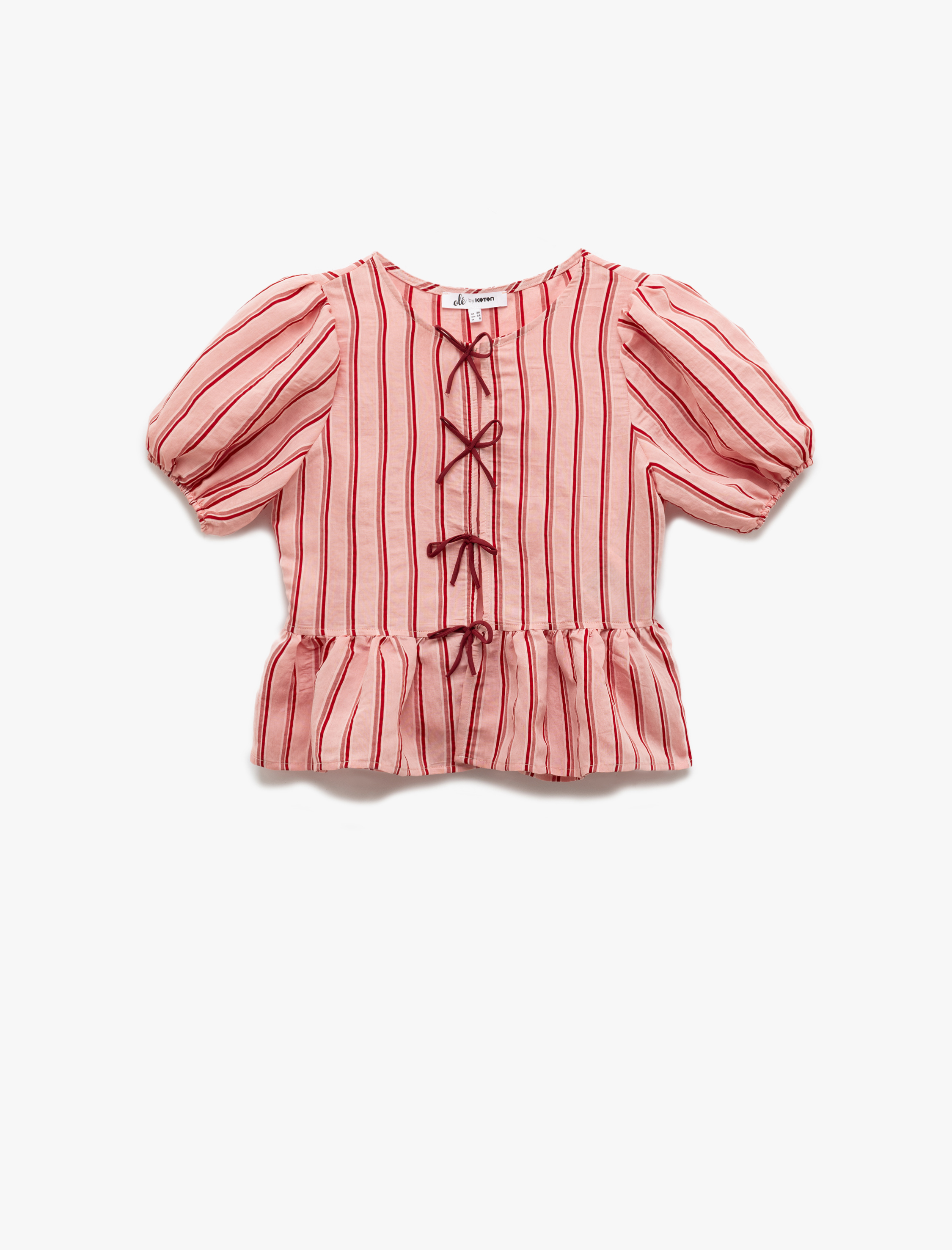   Bisiklet Yaka Fiyonklu Modal Karışımlı Çizgili Kısa Balon Kol Bluz