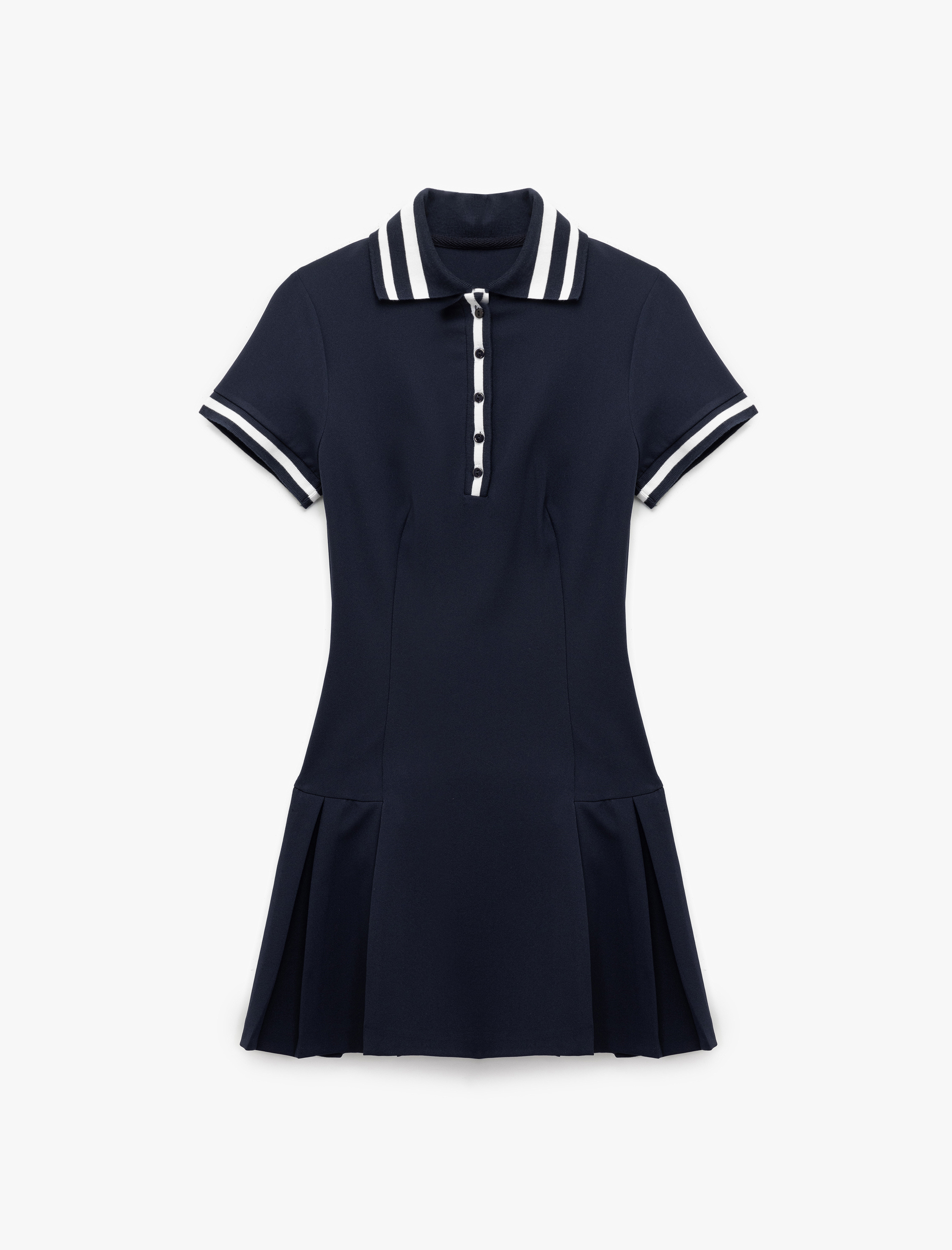   Düğme Detaylı Çizgili Pileli Kısa Kollu Mini Polo Yaka Elbise