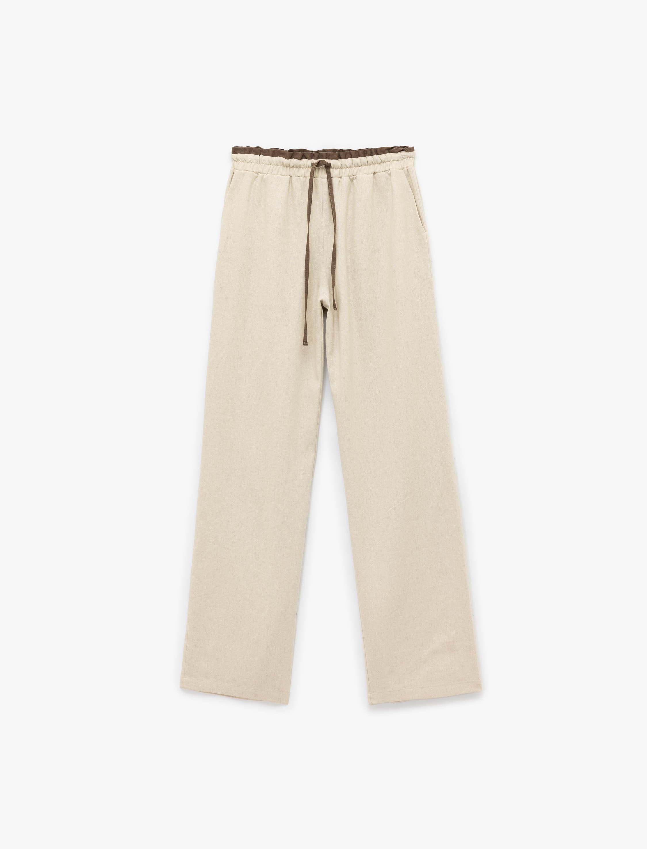   Kontrast Detaylı Beli Bağlamalı Cepli Bol Paça Keten Pantolon