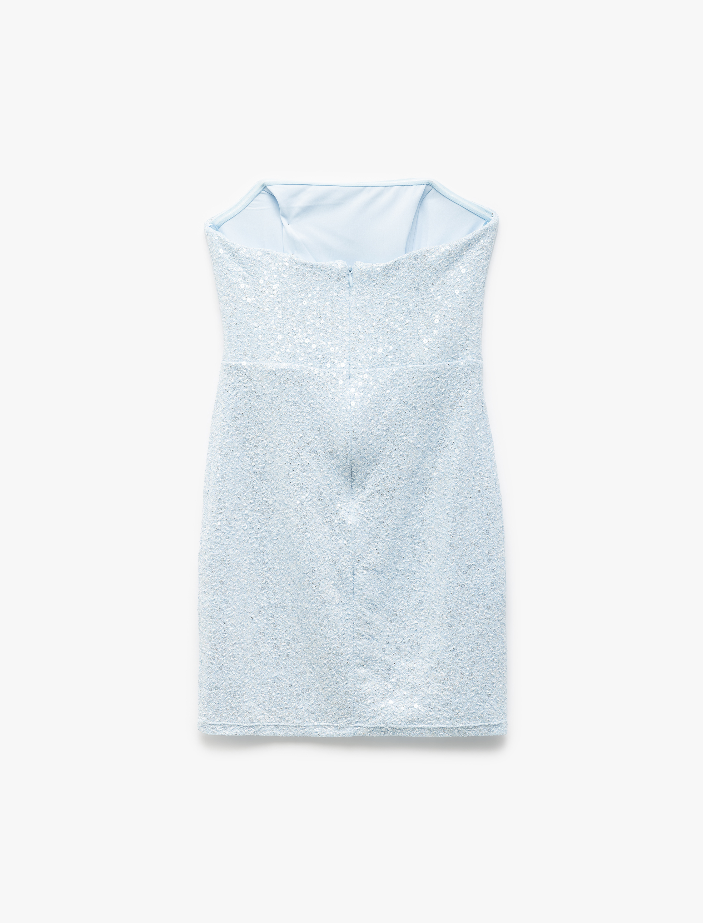   Straplez Yaka Dikiş Detaylı Mini Bodycon Pullu Elbise