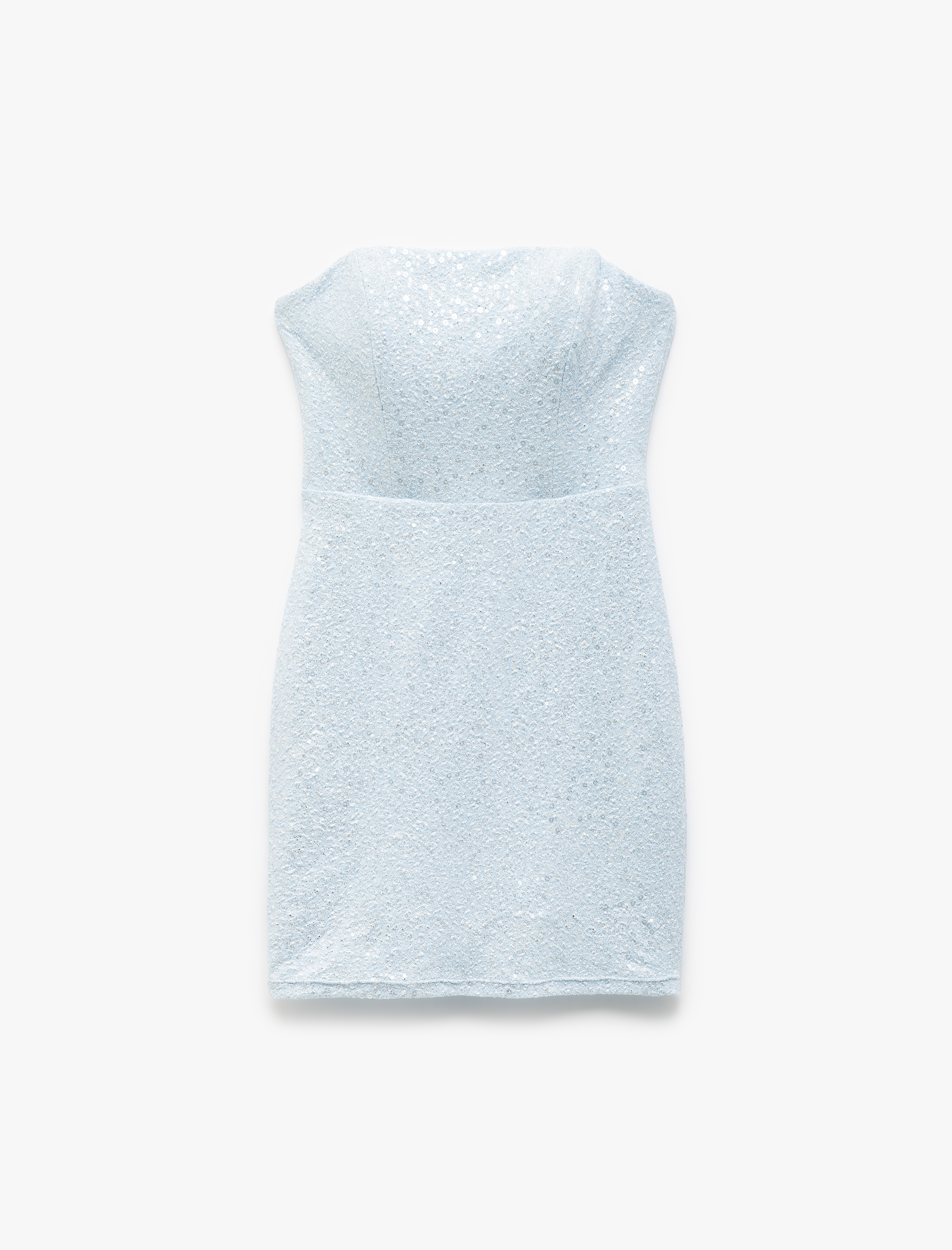   Straplez Yaka Dikiş Detaylı Mini Bodycon Pullu Elbise