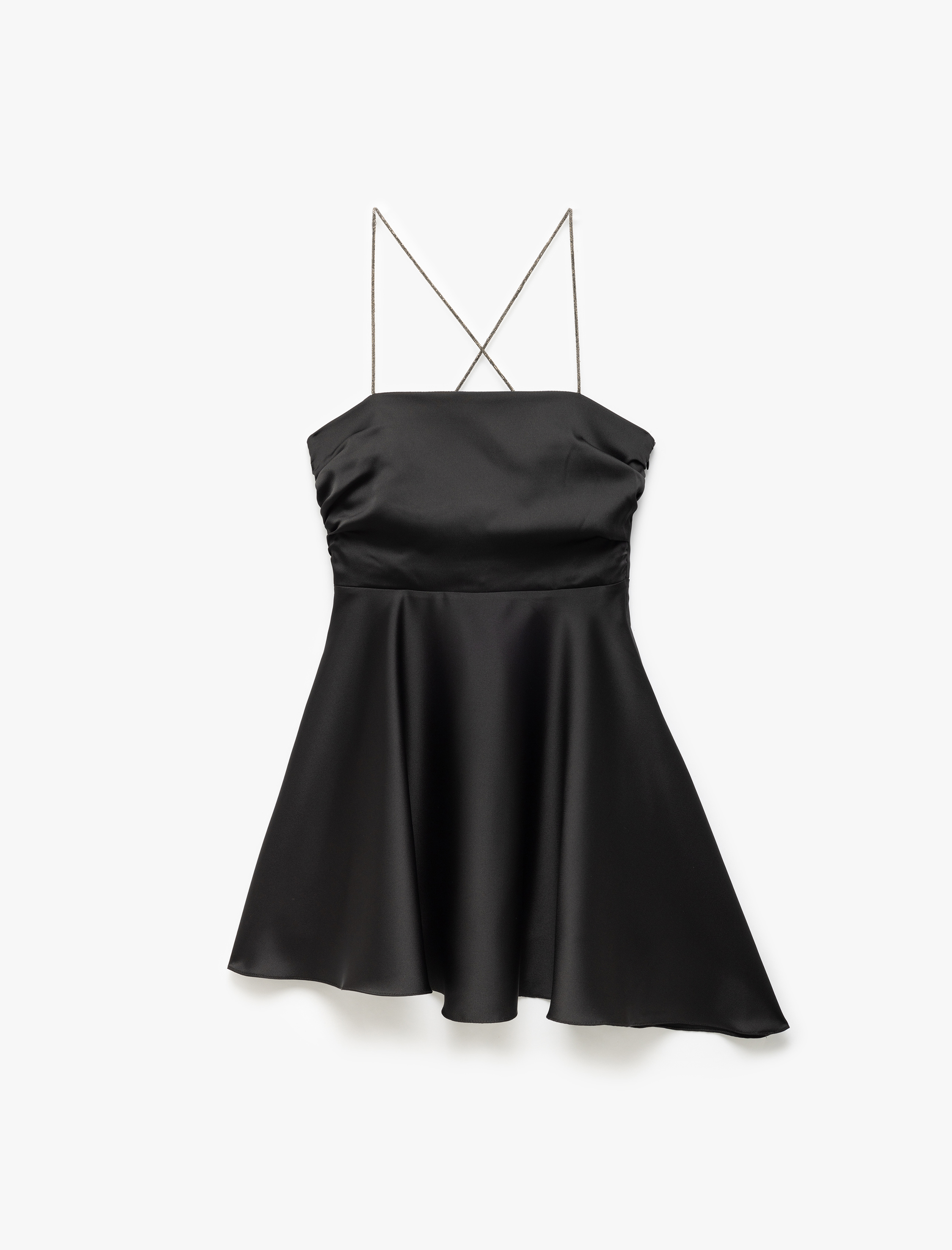 Volanlı Çapraz İp Askılı Kare Yaka Drapeli Mini Saten Elbise