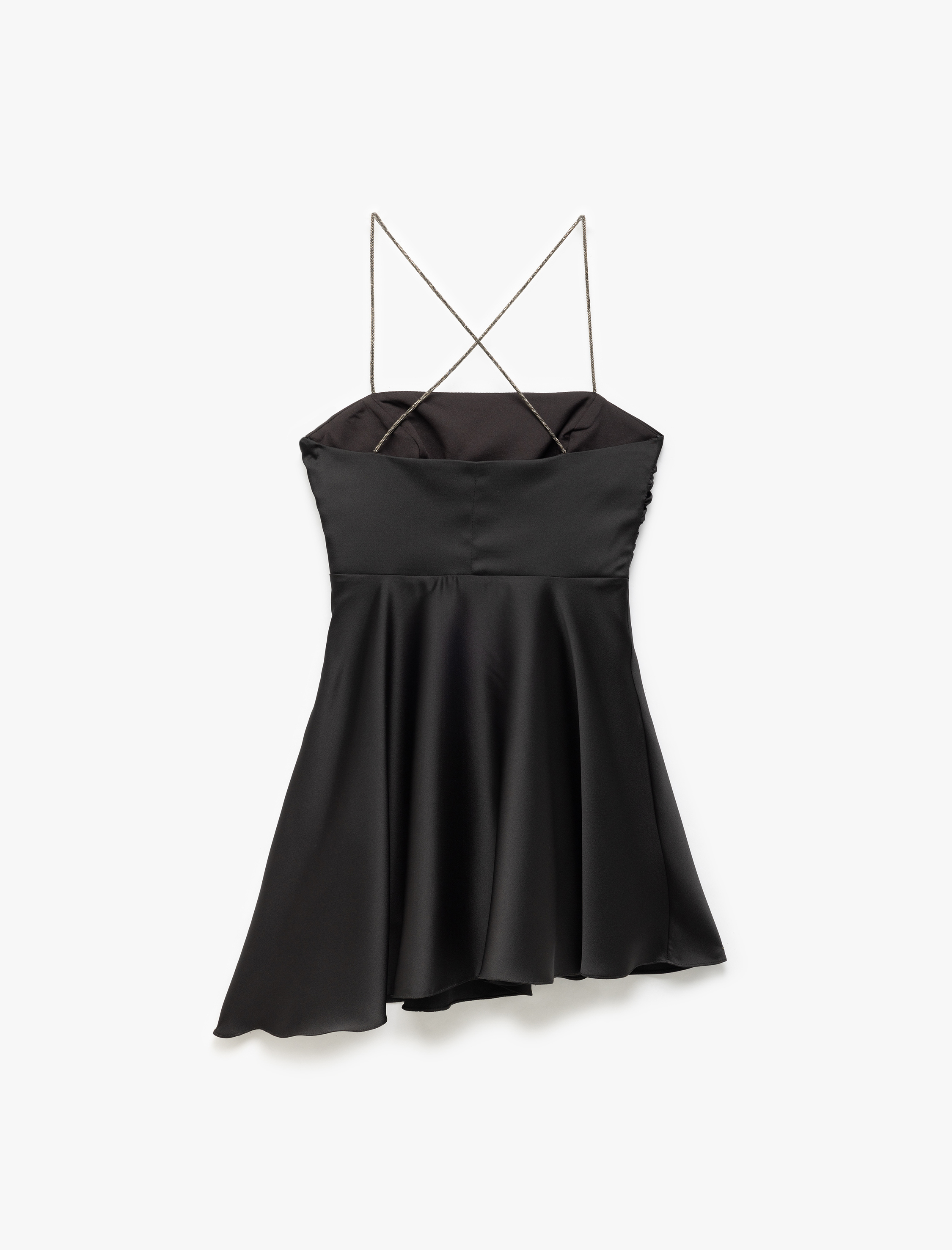 Volanlı Çapraz İp Askılı Kare Yaka Drapeli Mini Saten Elbise